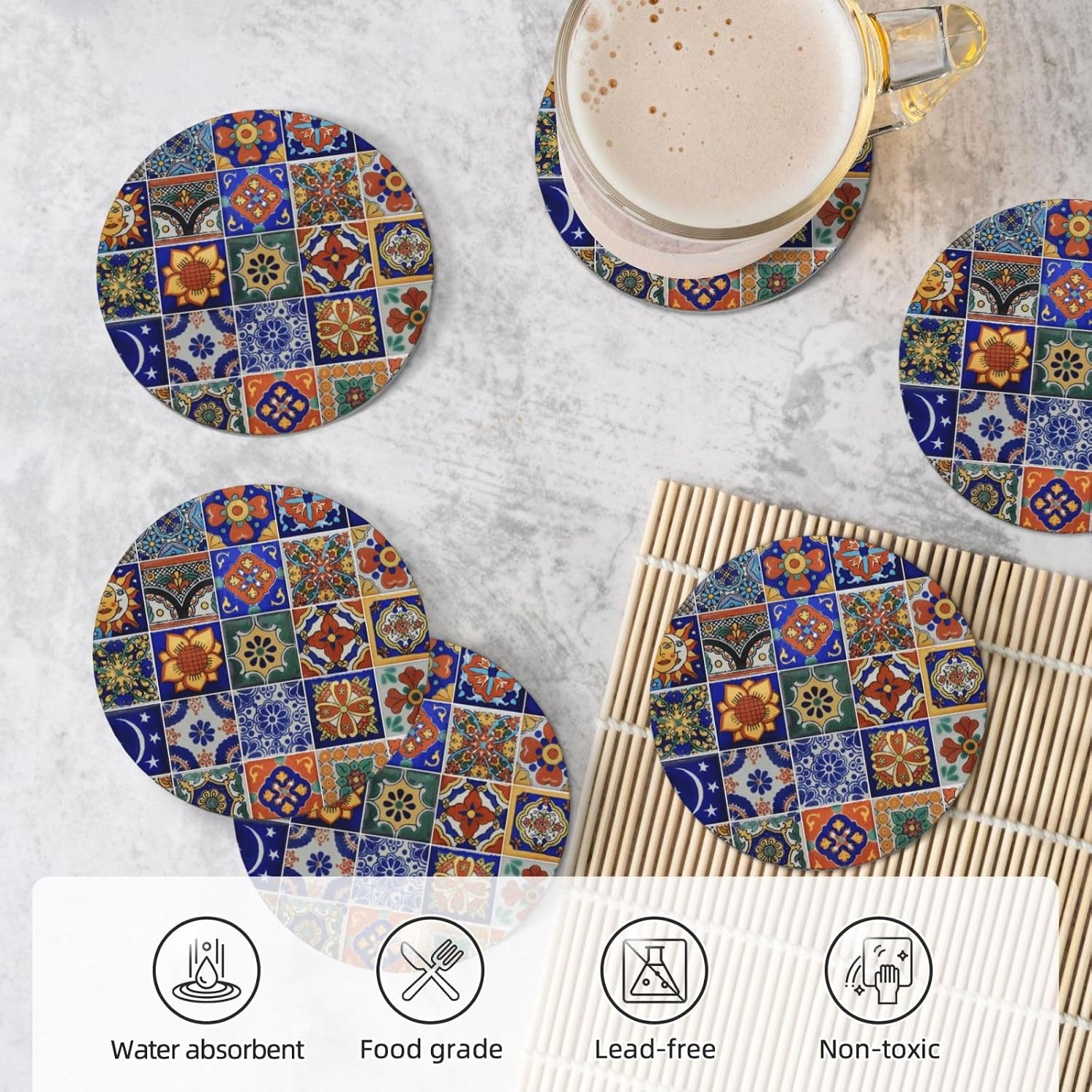 Vintage Mexican Talavera Tiles Coaster Set / Boho Mexican Tile / Round / Set of 6