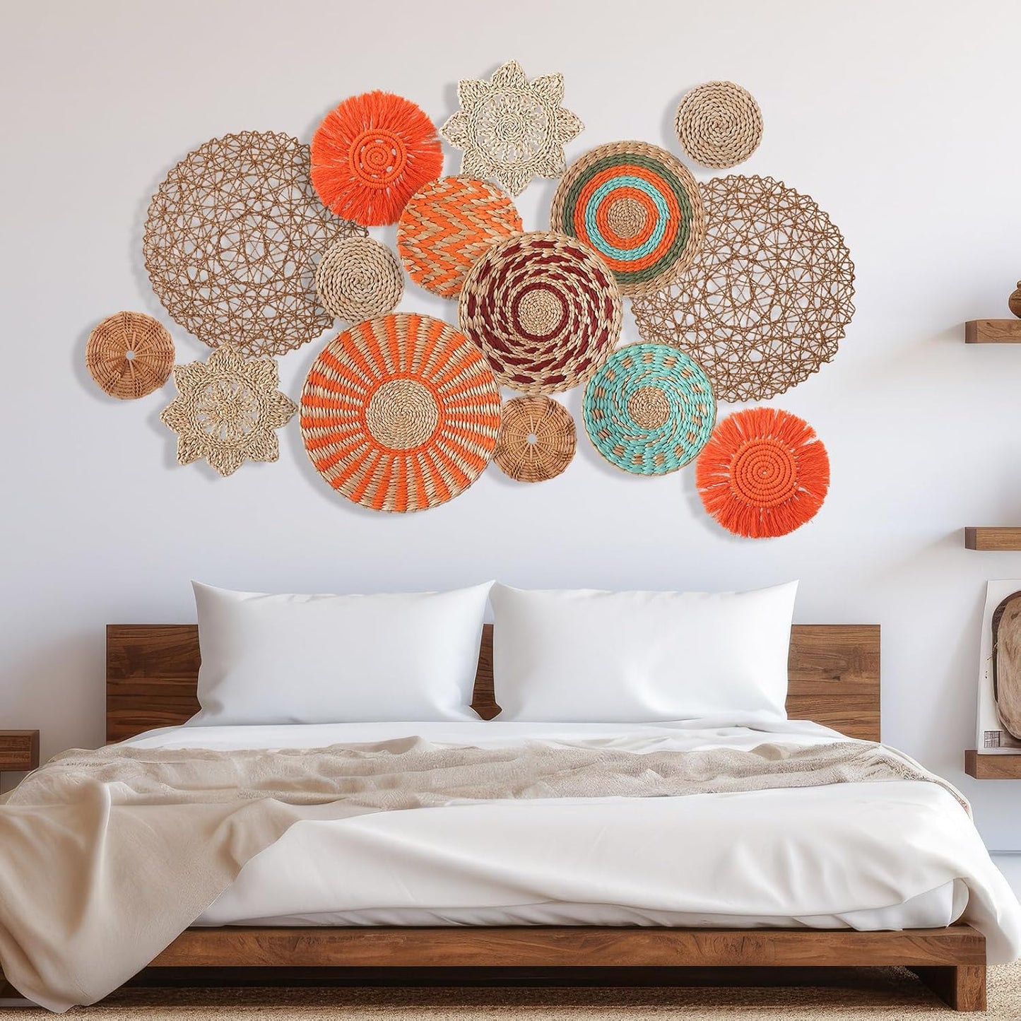 Boho Wall Basket Decor Woven Rattan Seagrass Wall Decor Hanging Rustic / Orange Style / Set of 15