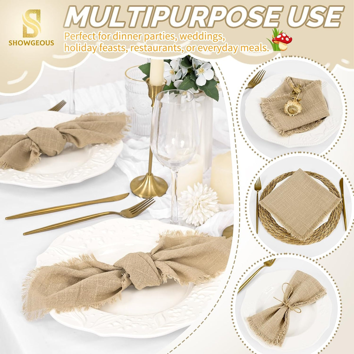 Showgeous 60 Pack Caramel Cloth Napkins with Fringe, 16x16 inch 100% Cotton | Caramel Napkins Handmade Dinner Napkins