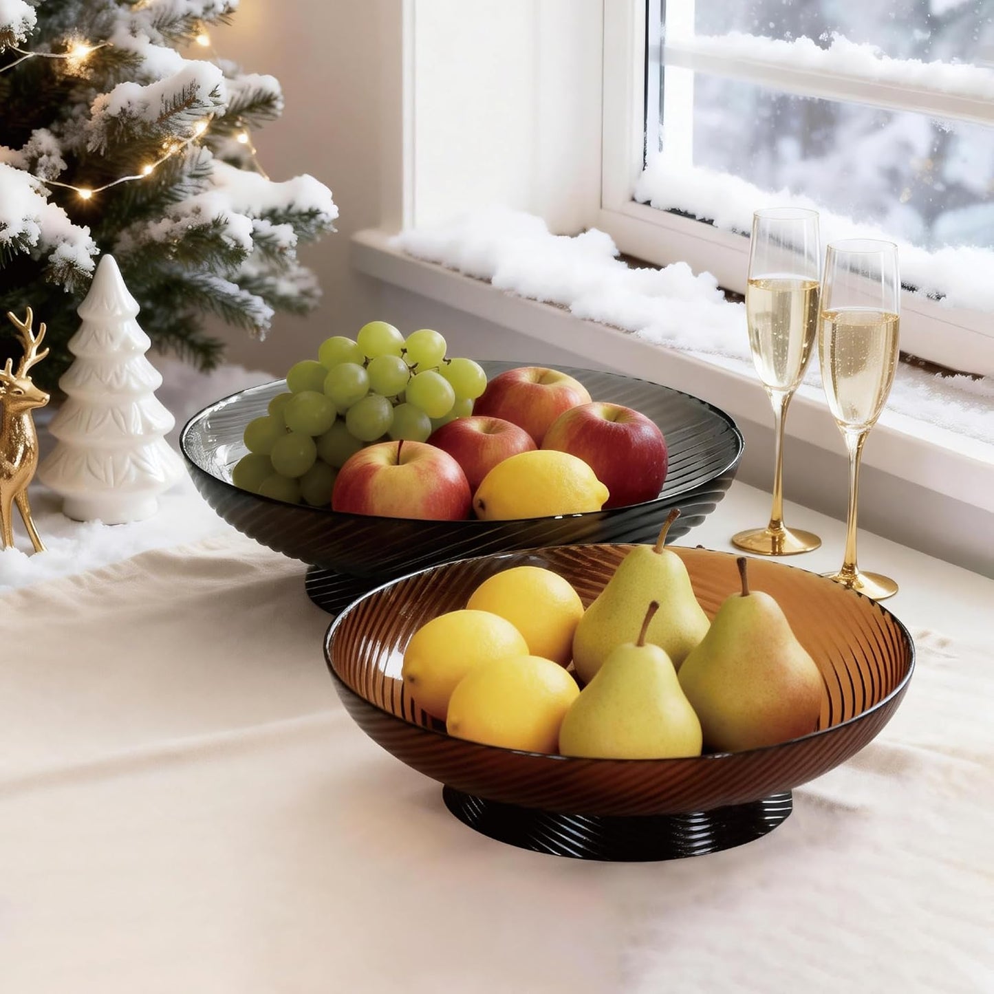 12" Ribbed Pedestal Decorative Bowl / Smoke Grey