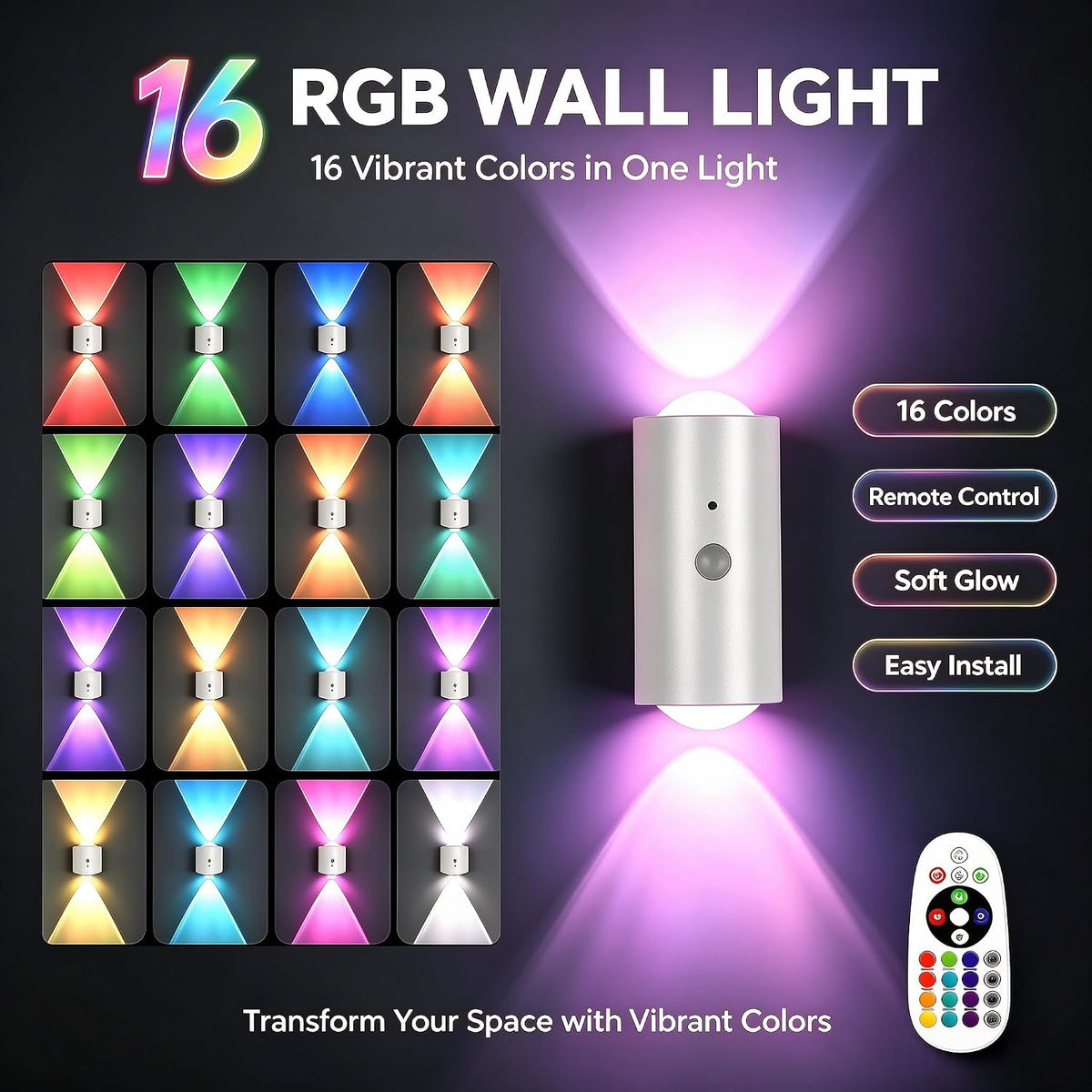 4 Pack RGB Dynamic Gradient Step Lights, Rechargeable Motion Sensor LED Wall Lamp with Remote, 1200mAh Dimmable