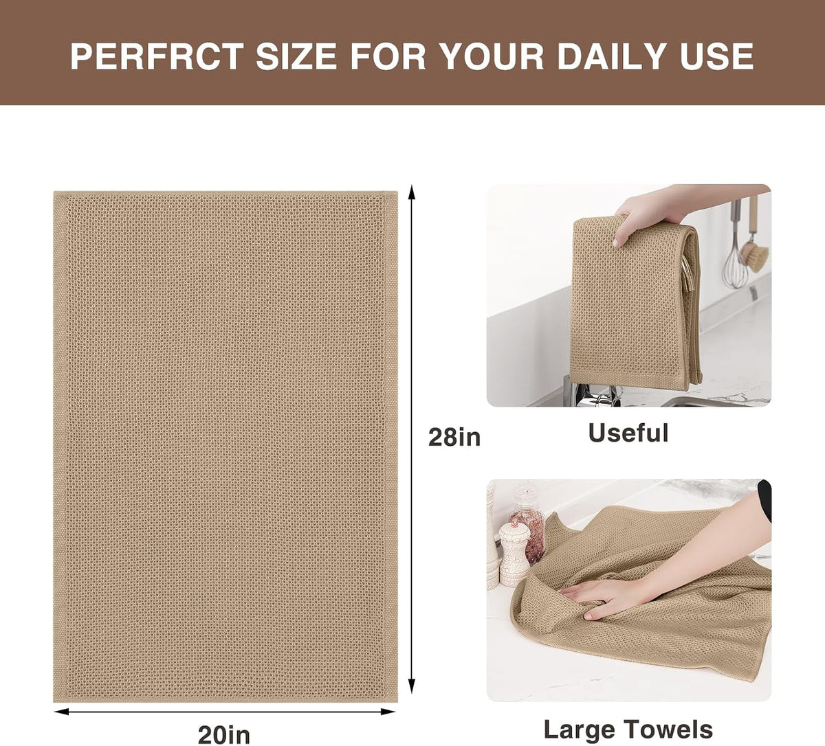 Homaxy 100% Cotton Oversized Waffle Weave Kitchen Towels 4-Pack, Tan | 20 x 28 Inches, Ultra Soft Absorbent Dish
