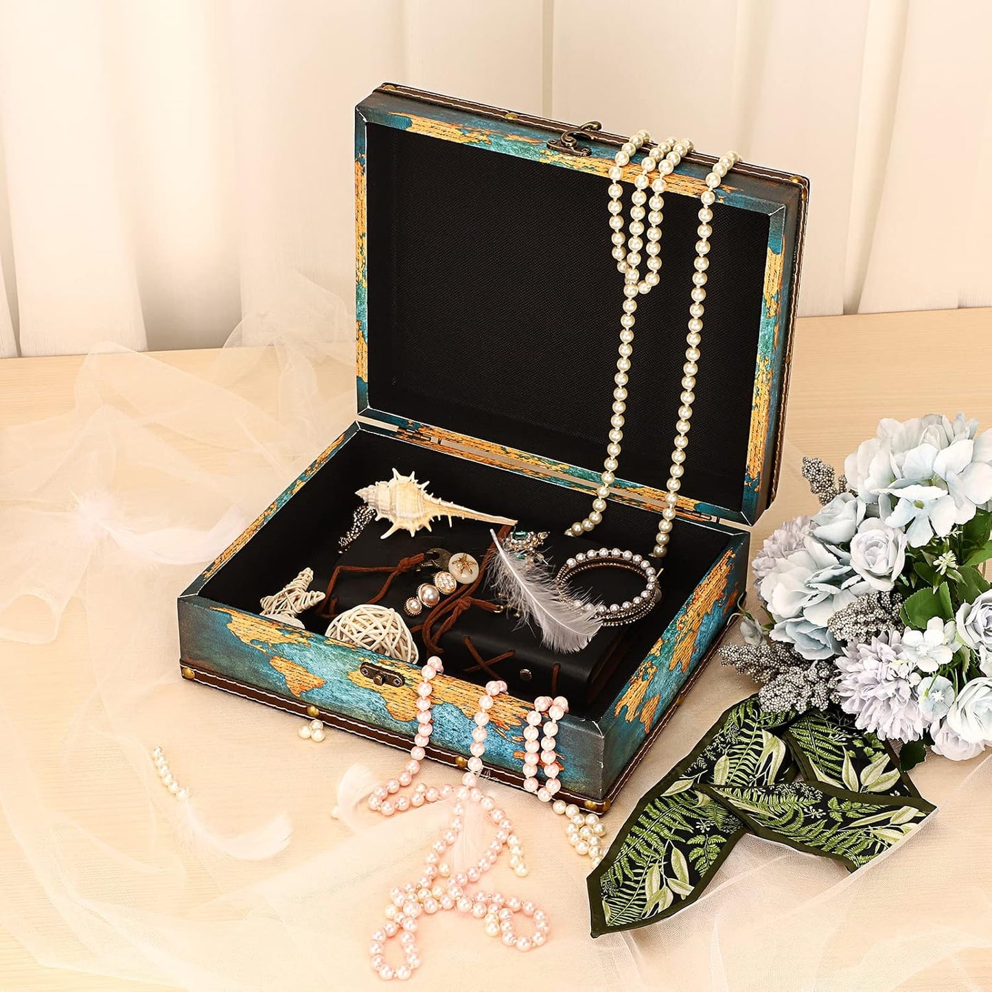 Wooden + PU Leather Storage Box for Jewelry Trinkets Photos / Green Map Pattern
