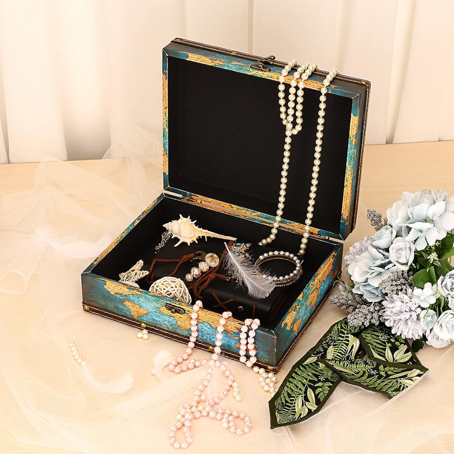 Wooden + PU Leather Storage Box for Jewelry Trinkets Photos / Green Map Pattern