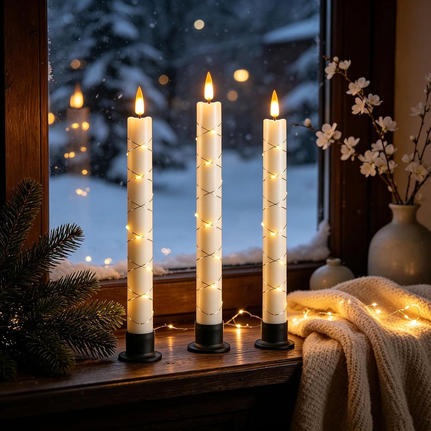 Da by 3 Pack Ivory Heat Resistant Flameless Taper Candles, Cross Surrounding Fairy String Lights, Realistic Dynamic