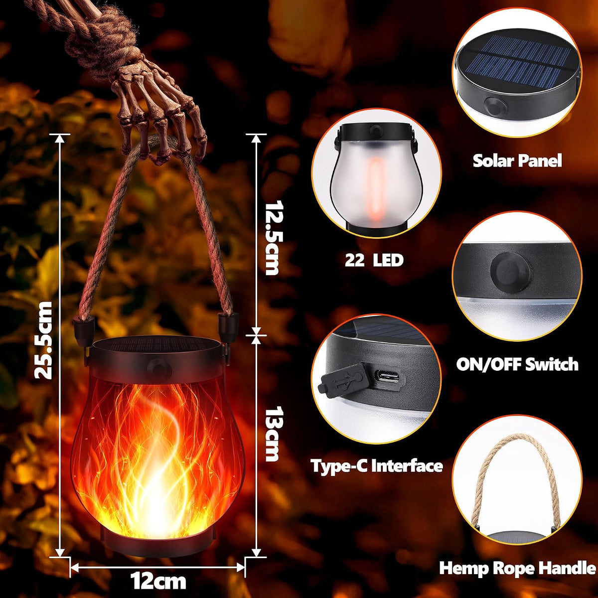 iBaycon 2 Pack Gen2 Solar Lantern Lights USB Halloween Flame Lamp, Red | Solar Garden Lights with Solar & USB-C Dual
