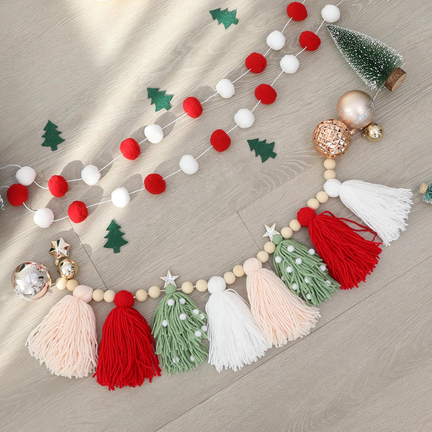 Wood Beads And Pom Pom Garlands Wall Hanging Home Decor For Christmas / Red White Pink Green
