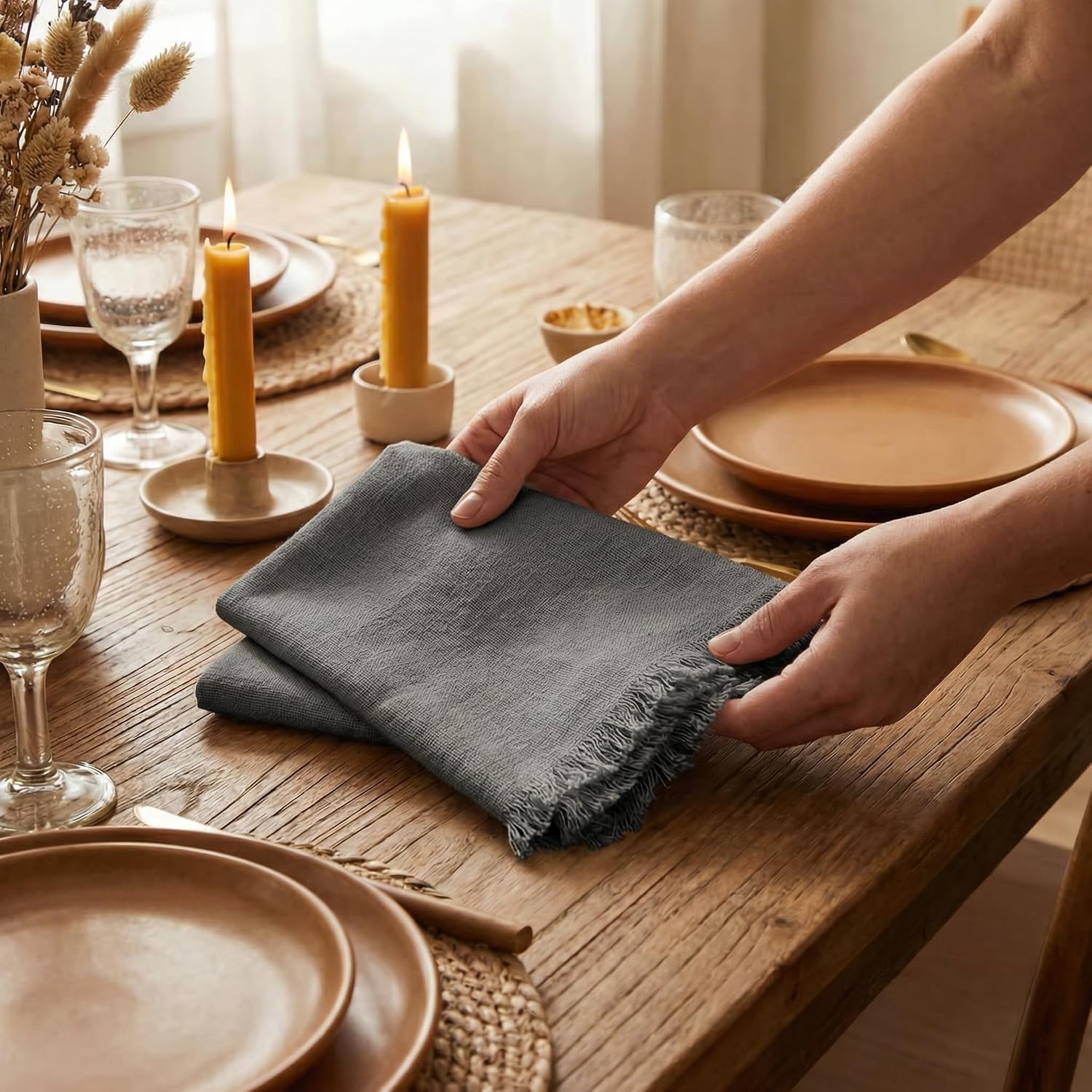 ACCENTHOME Grey Cotton Linen Napkin Set of 12 18x18 inch Dinner Napkins - Washable Soft Premium Hotel Quality Reusable