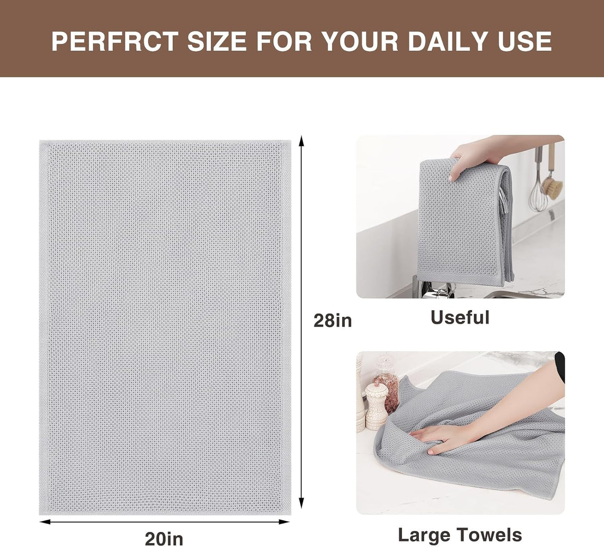 Homaxy 100% Cotton Oversized Waffle Weave Kitchen Towels 4-Pack, Light Gray | 20 x 28 Inches, Ultra Soft Absorbent Dish