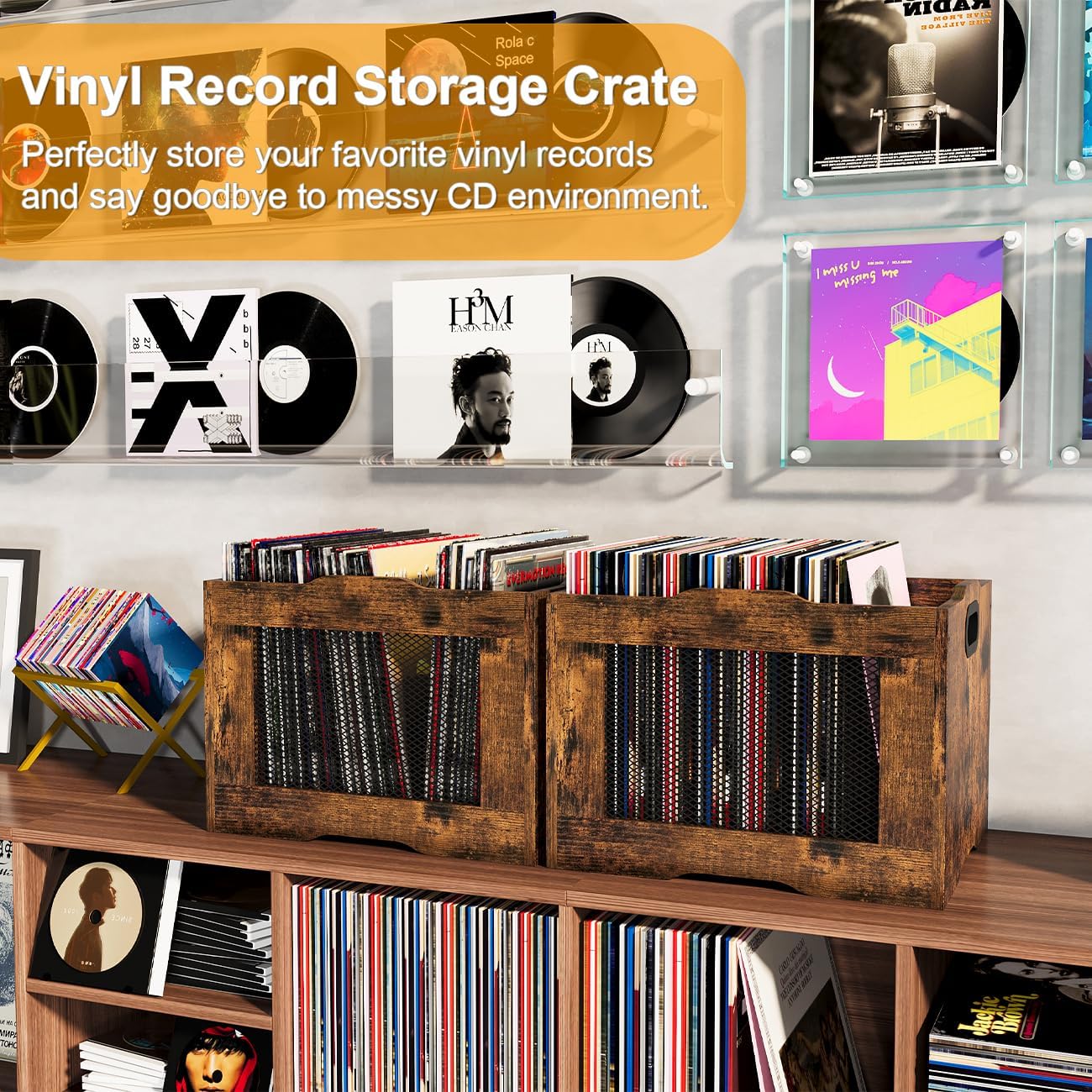 Vinyl Record Storage Crate, Stackable LP Record Display Shelf, Heavy Duty Wood Organizer Box for Records