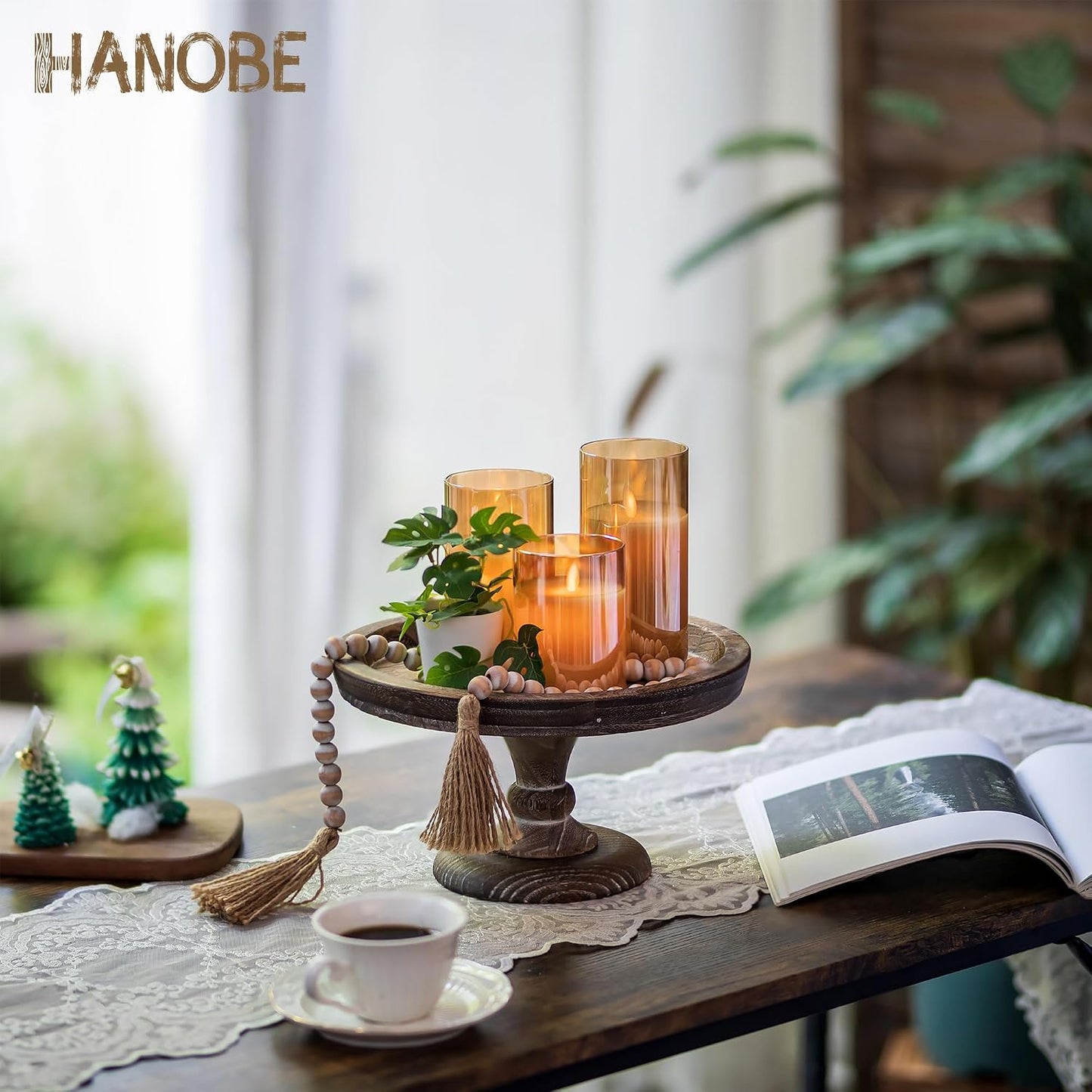 Rustic Wooden Risers Round Decorative Pedestal Plate Stand Holder Tray