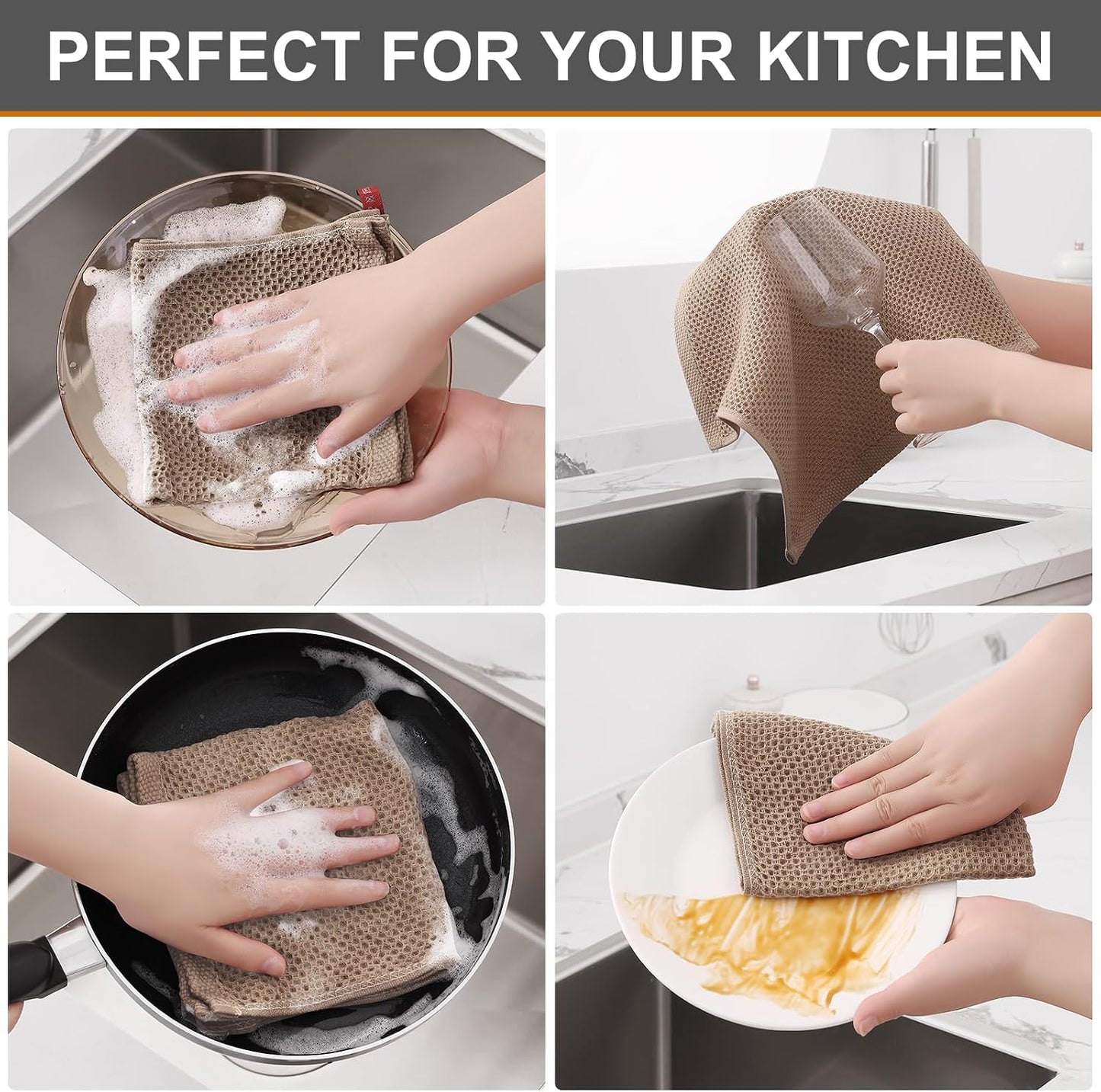 Kitinjoy 100% Cotton Waffle 12-Pack Kitchen Towels, 12" x 12", Tan | Ultra Absorbent, Super Soft, lightweight, Quick