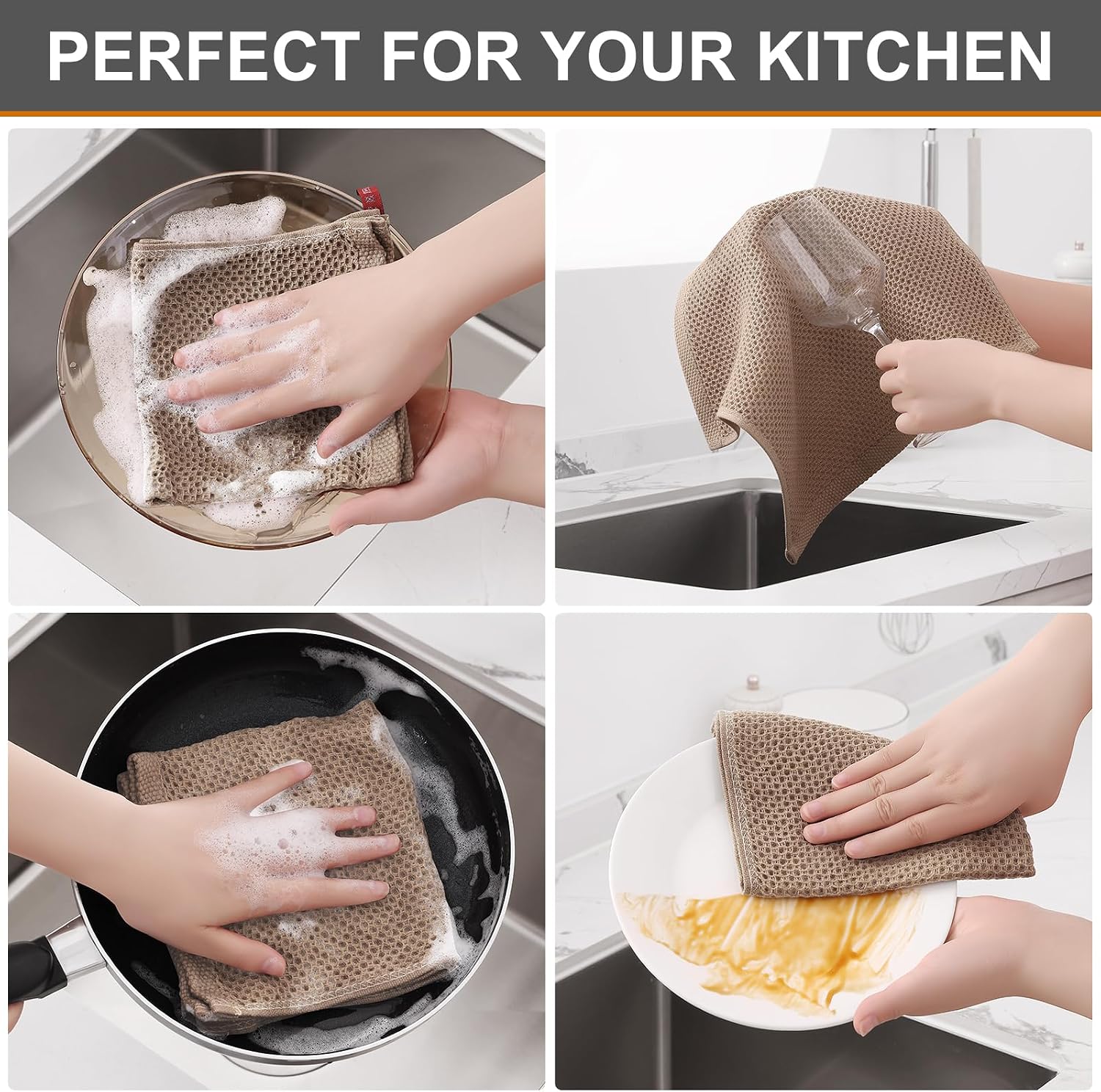 Kitinjoy 100% Cotton Waffle 12-Pack Kitchen Towels, 12" x 12", Tan | Ultra Absorbent, Super Soft, lightweight, Quick