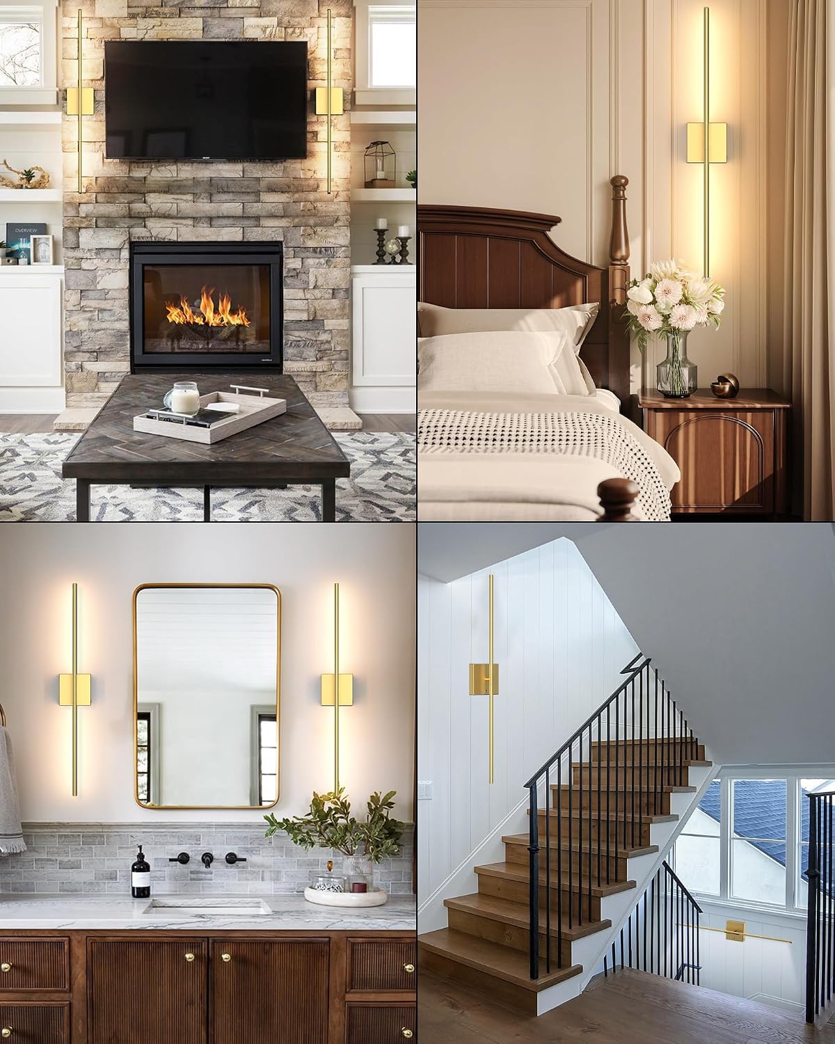 Battery Powered Wall Sconce Set of Two: Gold Wireless Rechargeable Wall Lights with Touch and Remote Control