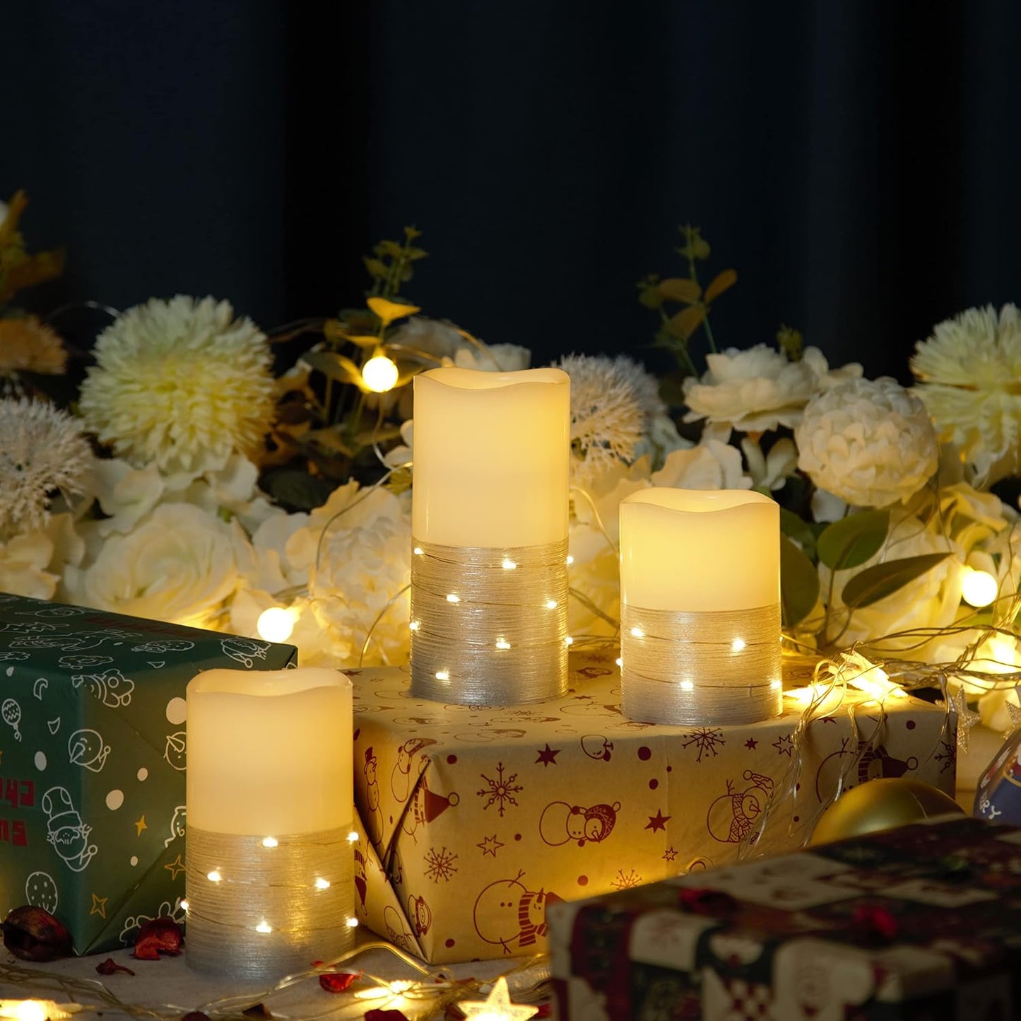 H-BLOSSOM Flickering Flameless Candles Ivory Real Wax Pillar with Embedded String Lights LED Candles Battery Operated