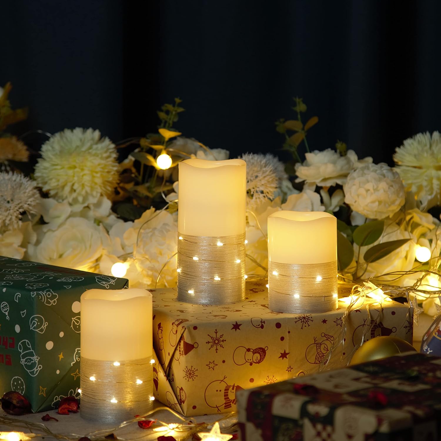 H-BLOSSOM Flickering Flameless Candles Ivory Real Wax Pillar with Embedded String Lights LED Candles Battery Operated
