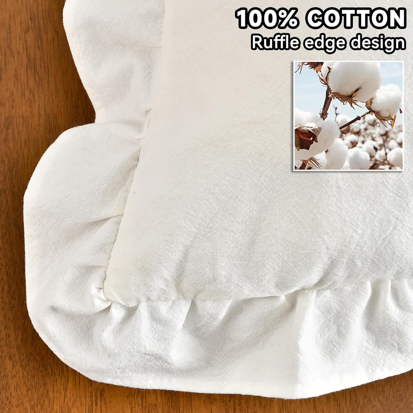 Throw Pillow Covers 100% Cotton Pre Washed Ruffle Decorative / 18 x 18 / Cream White / Set of 2