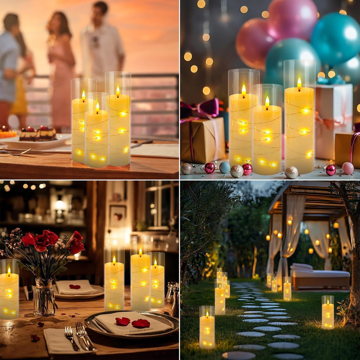 24 Pcs LED Flameless Candles with Remote, 3D Flickering Flame & LED String Lights, Acrylic Clear Cylinder, Timer