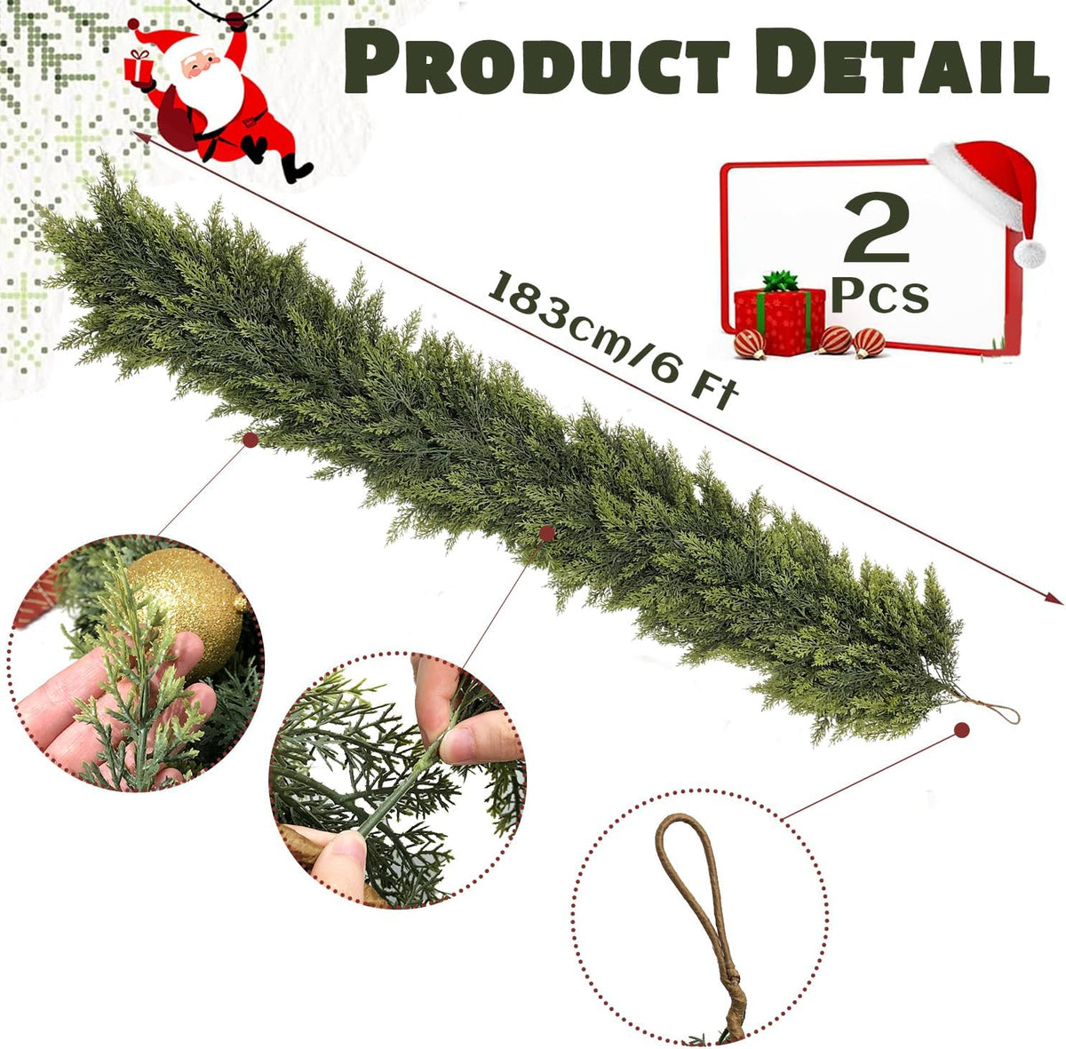 LVZHIYUAN 2 Pcs 6FT Christmas Garland,Real Touch Cedar Garland | Soft & Full Artificial Cypress Garlands for Mantle