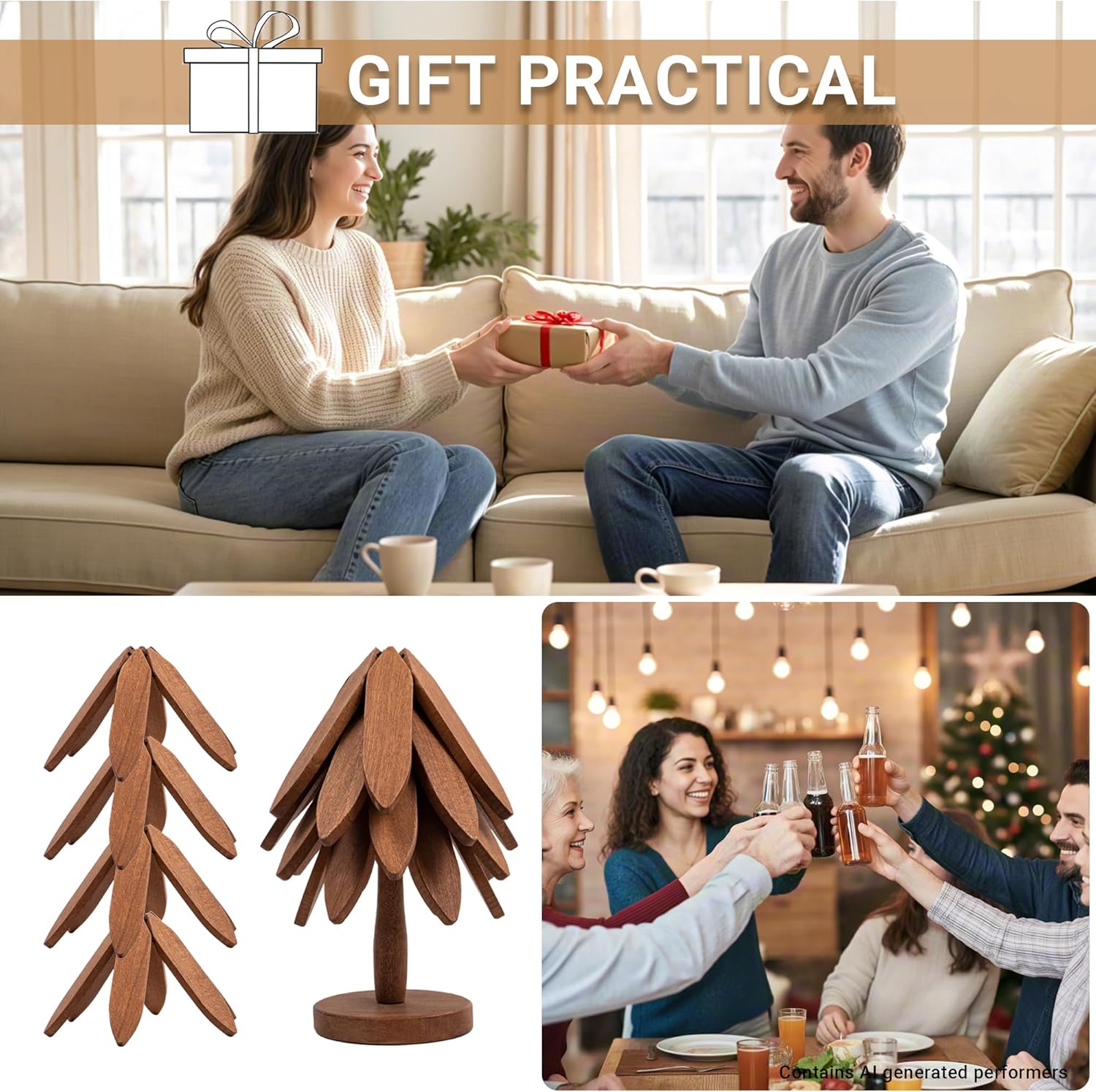 Wooden Tree-Shaped Trivets Set / Wood-1 / Large