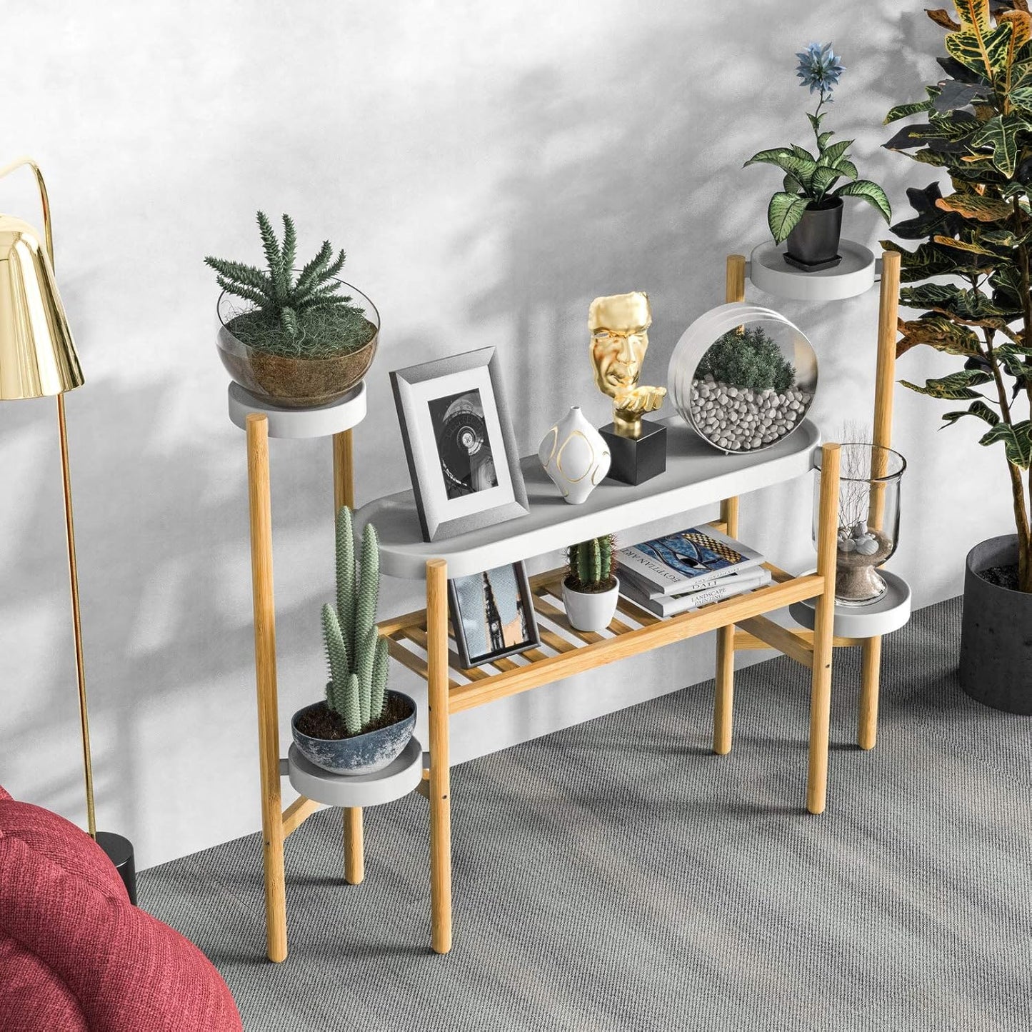 Bamboo Plant Stand Indoor, 3 Tier Plant Shelf Table for Multiple Plants | Easy-Clean Steel Top | Smooth Bamboo | Narrow