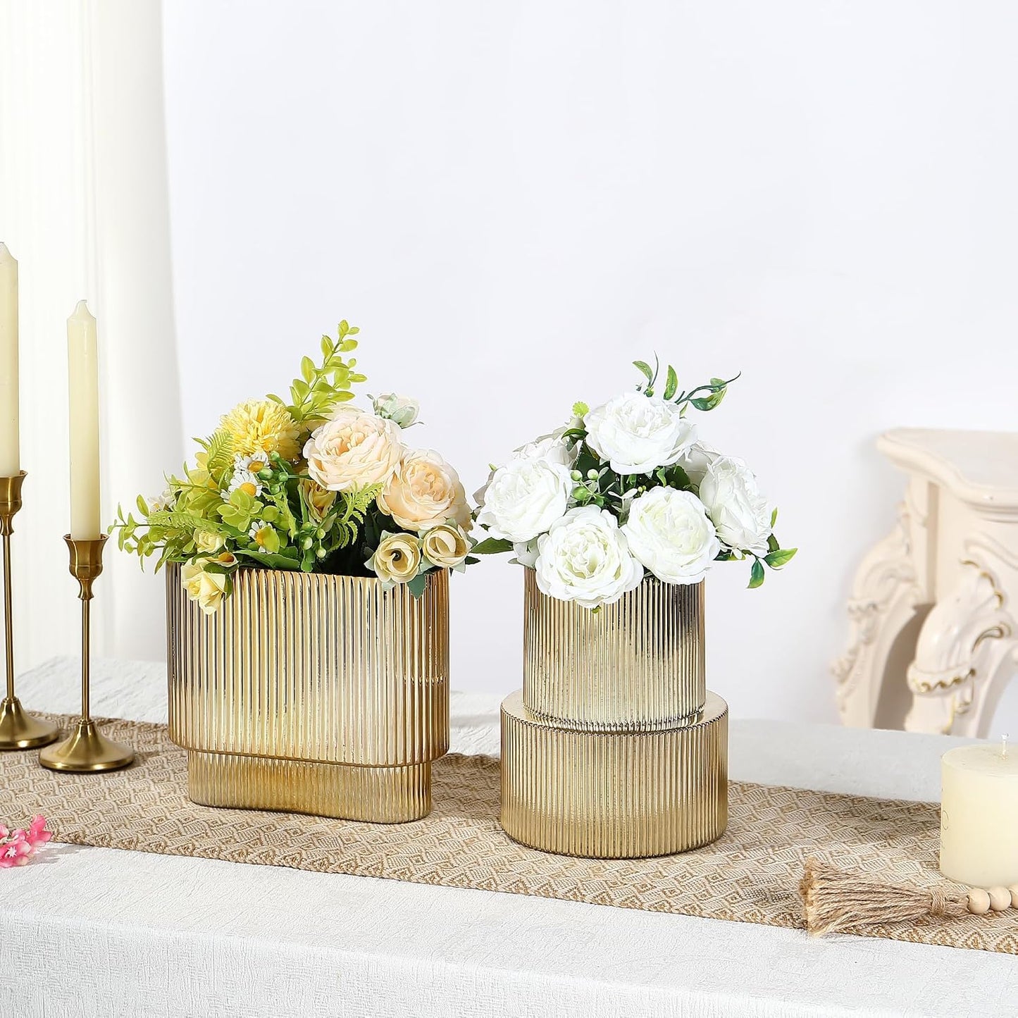 Glass Vases / Modern Glass Vase / Gold / Ribbed + Oval / Set of 2