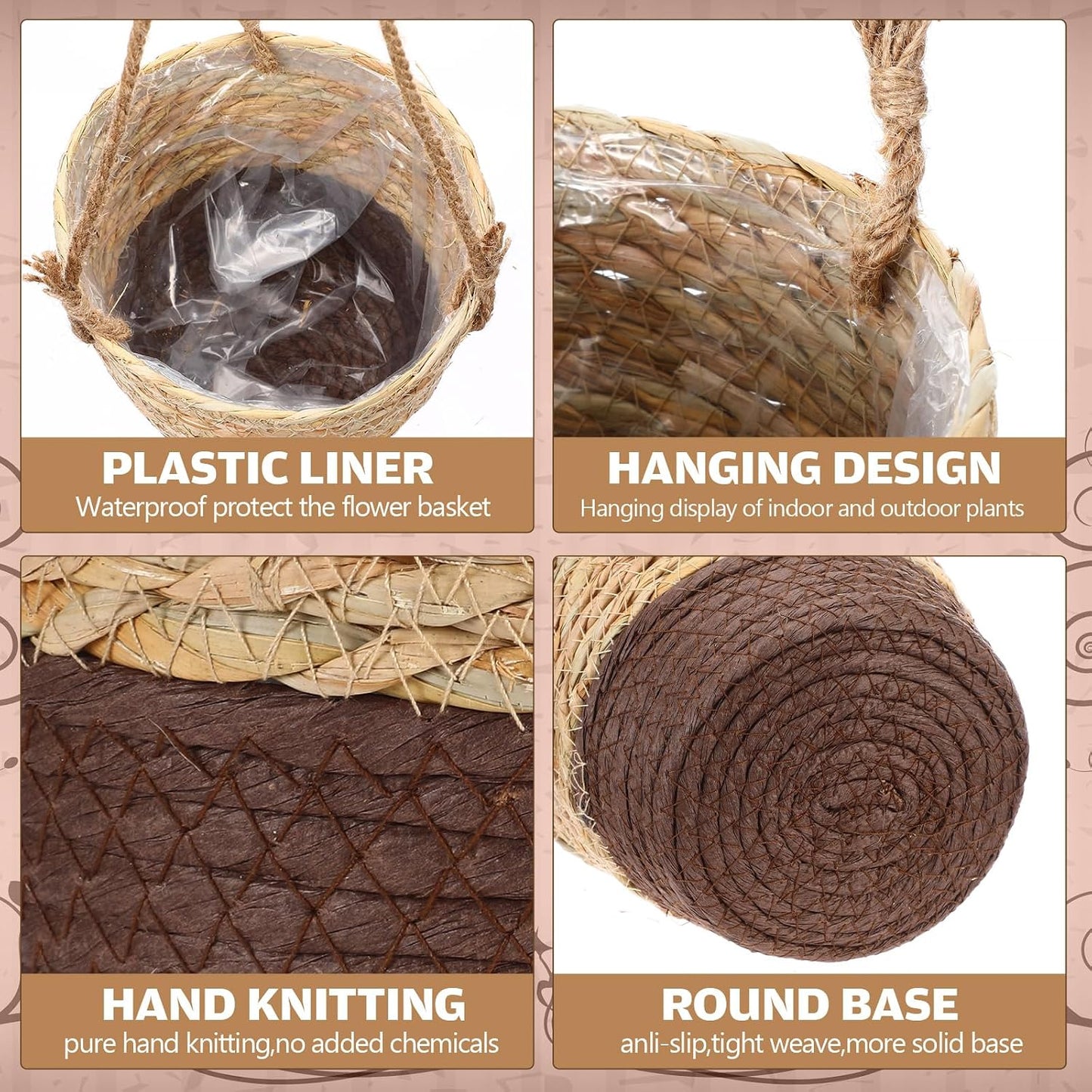 Seagrass Hanging Planter Basket Hand Woven Plant Basket / Brown, Coffee Brown / Small / Set of 6