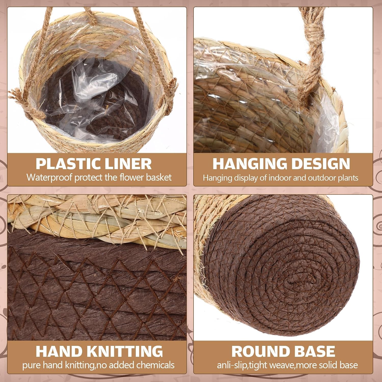 Seagrass Hanging Planter Basket Hand Woven Plant Basket / Brown, Coffee Brown / Small / Set of 6