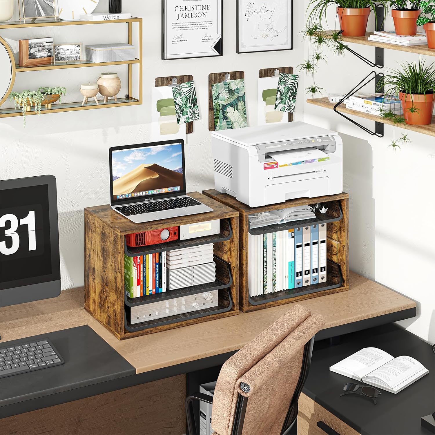 Simple Trending 4-Tier Desk File Organizer, Paper Organizer, Rustic Brown | Adjustable Letter Trays, Wood Desktop File