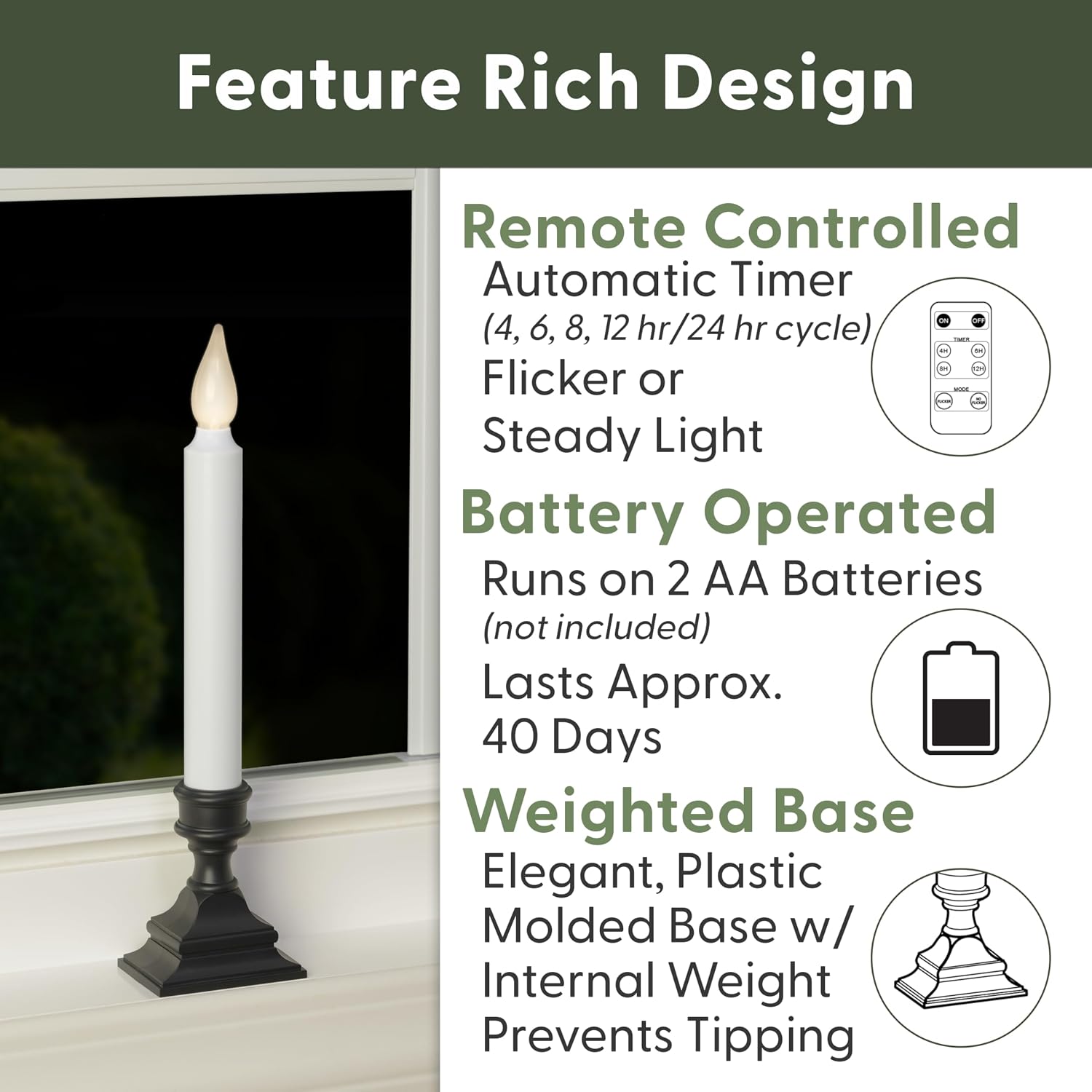 Bright White LED Battery Operated Window Candles Remote Control | Adjustable Timer, Flicker or Steady Light, Weighted
