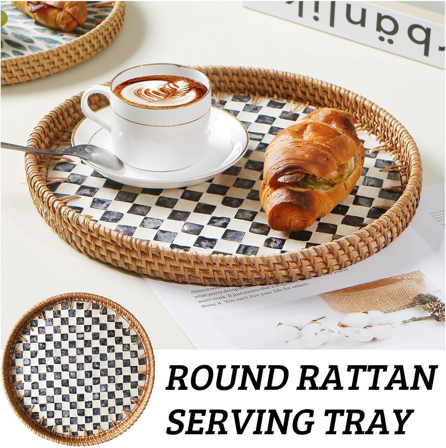 Round Rattan Tray / Checkered