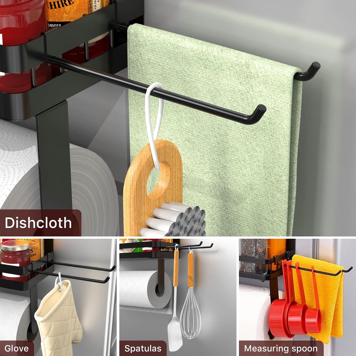 ZUNTO Magnetic Paper Towel Holder for Fridge, Strong Magnet, No Drill | Black Kitchen Organizer with Spice Shelf and 2