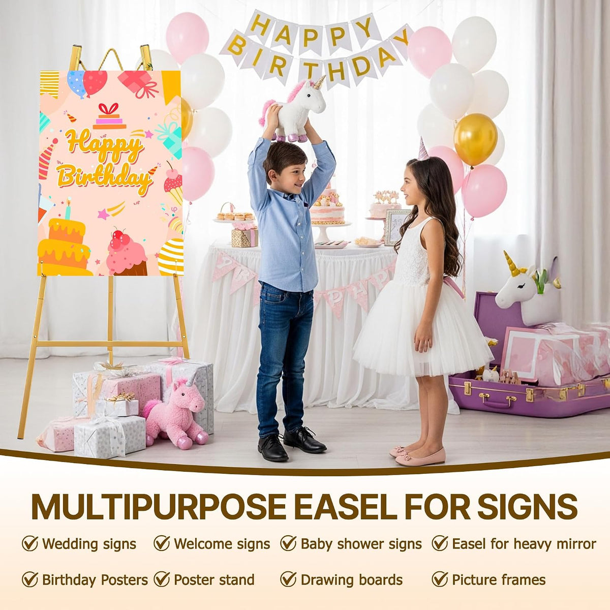 57.5" Gold Easel Stand for Sign, Wedding Sign Stand for Display | 4 Adjustable Height Levels Heavy Duty Metal Display