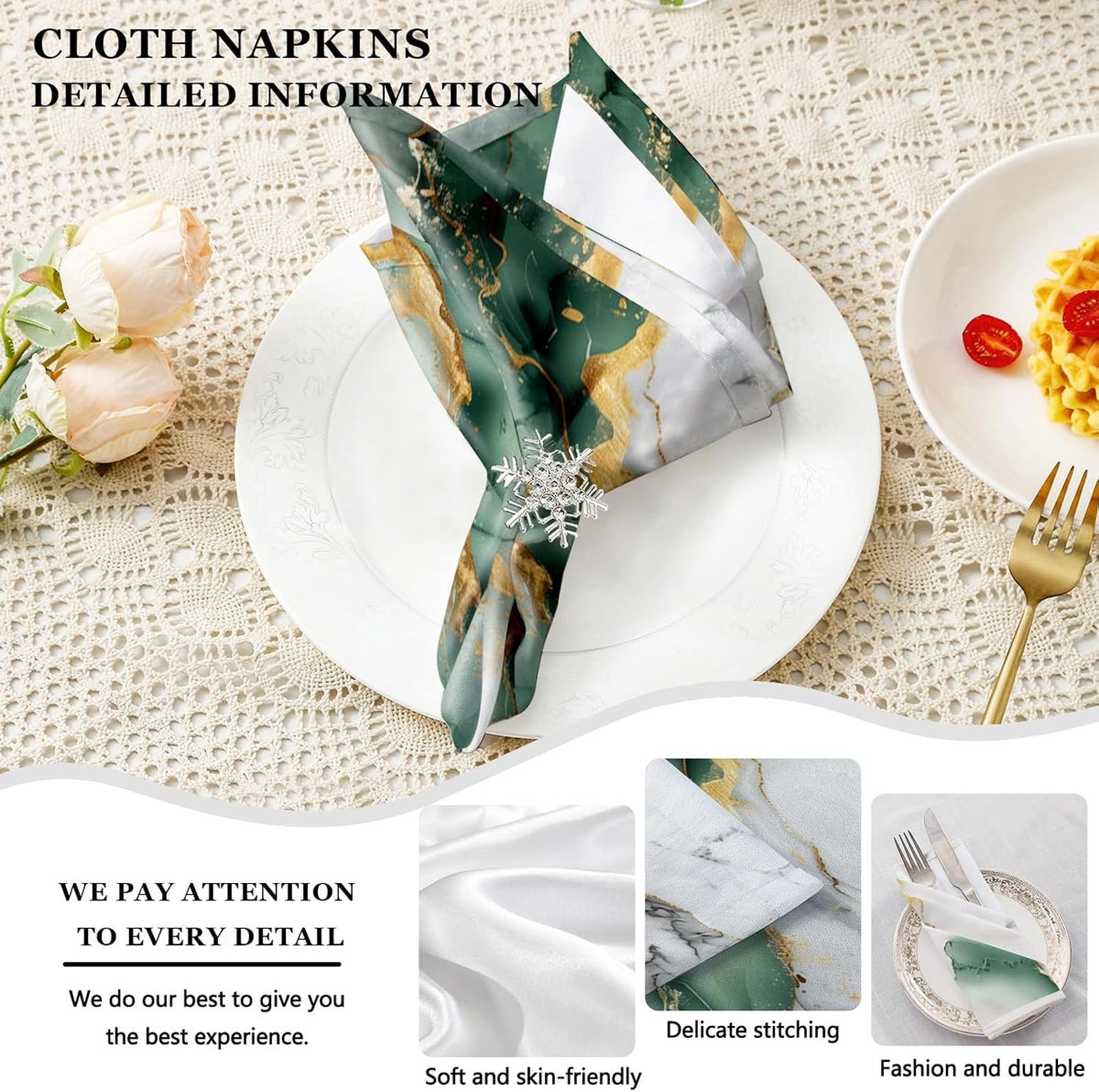 Mcalk 4 Each Green Marble Placemats and Cloth Napkins Set of 8, Modern Art Placemat, Marble Print Cloth Napkin for Home