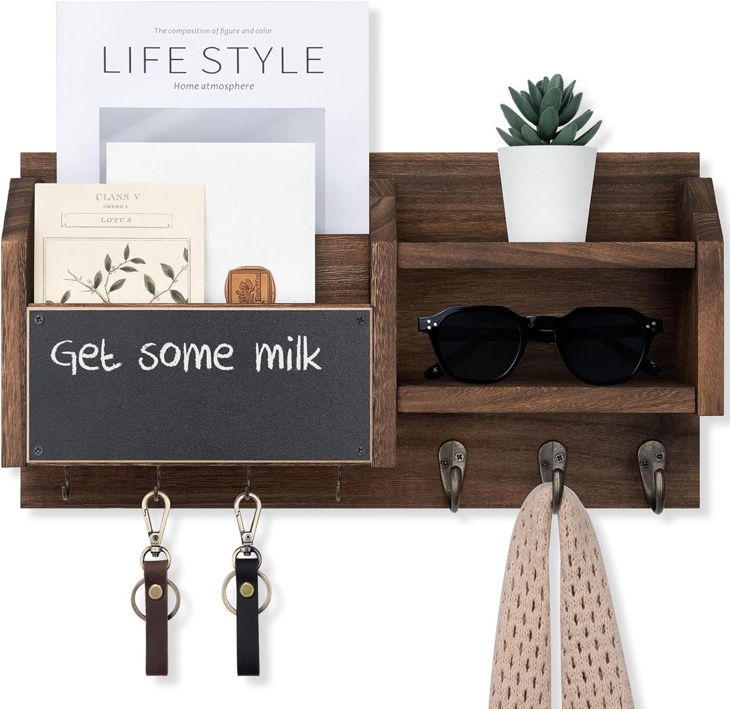 Shelf and 7 Metal Hooks / Brown