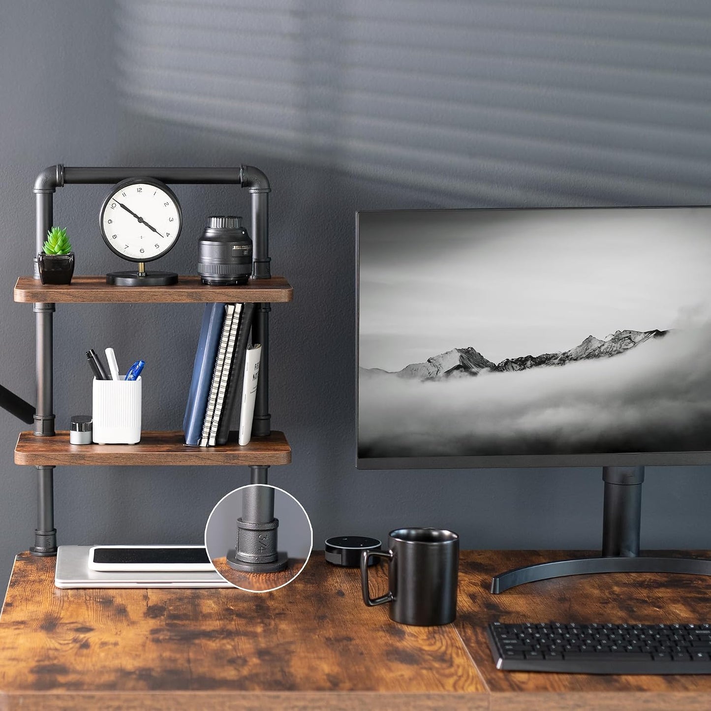 VIVO Clamp-on Premium 16 inch Industrial Pipe 2-Tier Tabletop Shelving, Heavy Duty Desk Extension Organizer, Modern