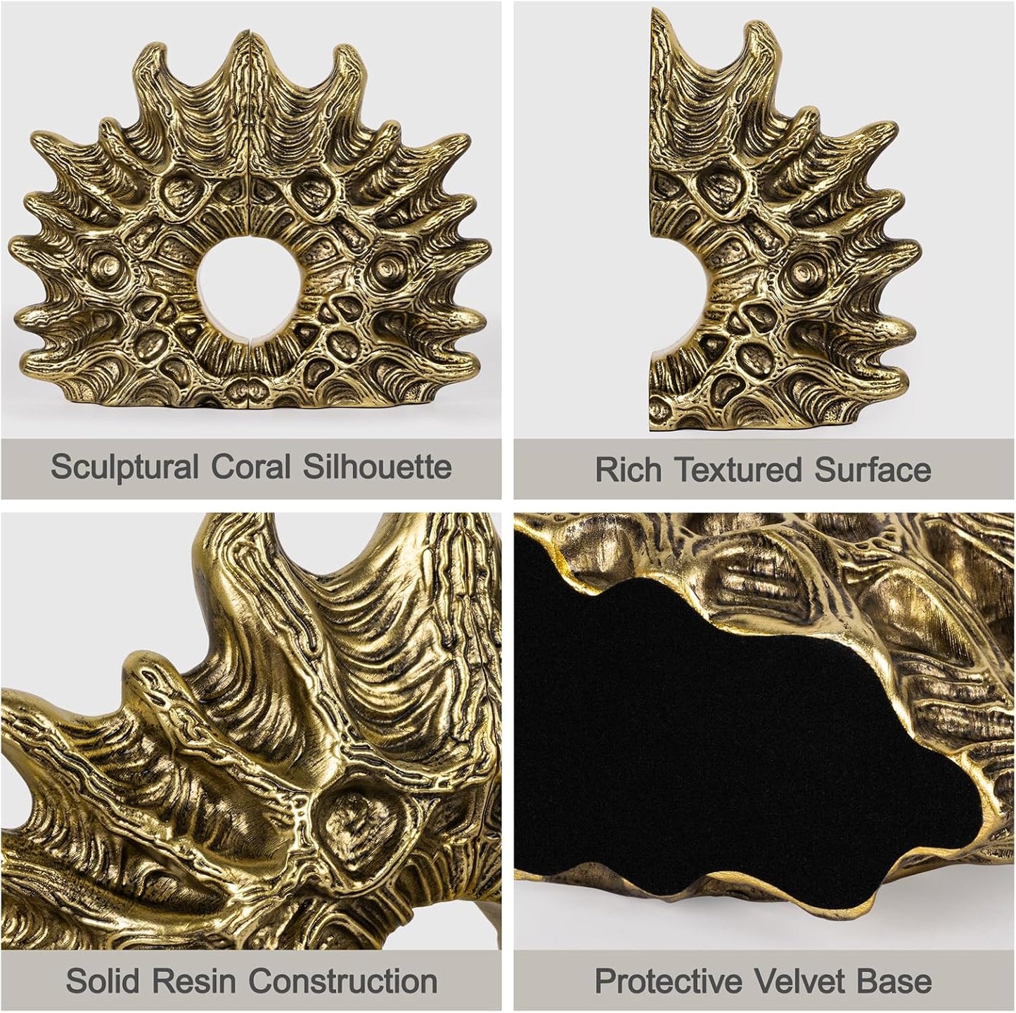 Coral Bookends / Heavy Duty Non-Slip Book Holders / Gold