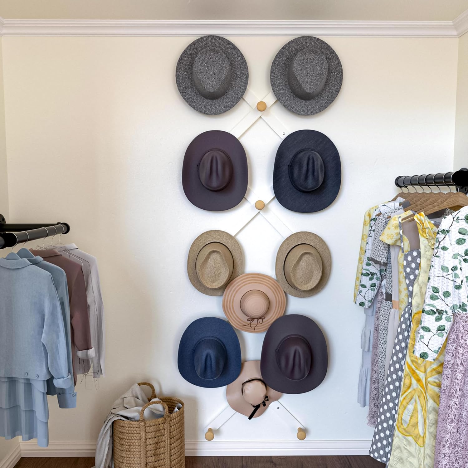 SKOLOO Large Hat Rack for Wall, Wooden Accordion Wall Hanger, Modern, Expandable Coat Hooks, Hat Display Rack for Home