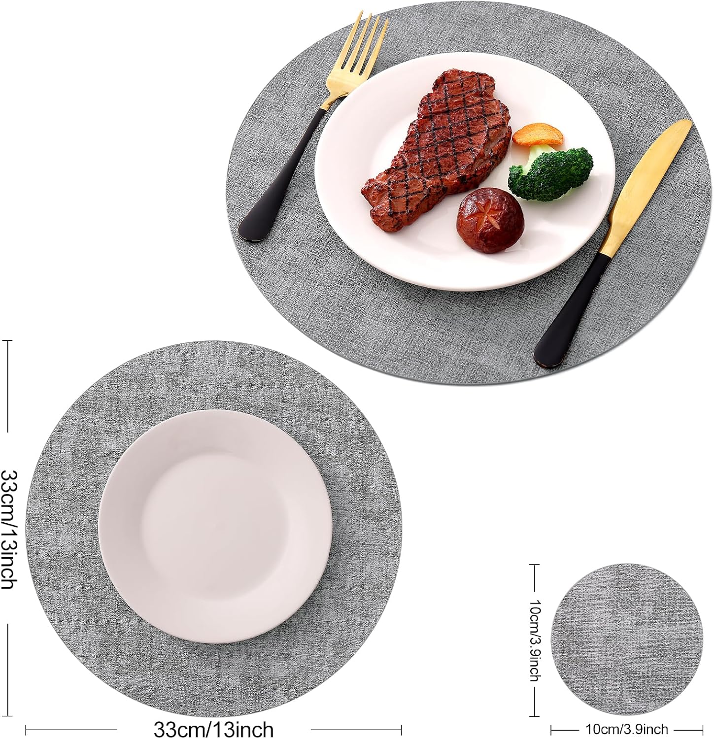 Homaxy Round Faux Leather Placemats and Coasters, Set of 8, Light Grey | Washable Dual-side Table Mats, Wipeable Place