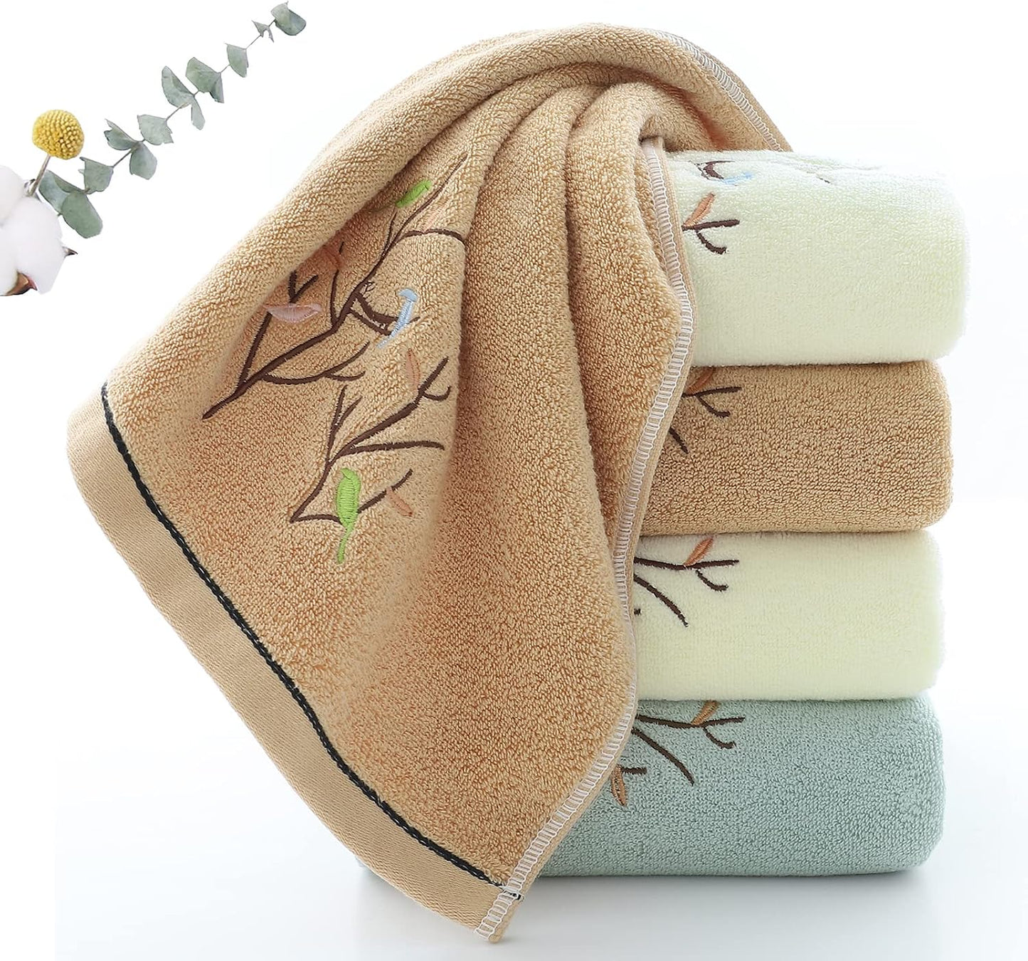 Hand Towels Set of 4 Embroidered Bird Tree Pattern 100% Cotton Absorbent Soft Decorative Towel for Bathroom (Brown)