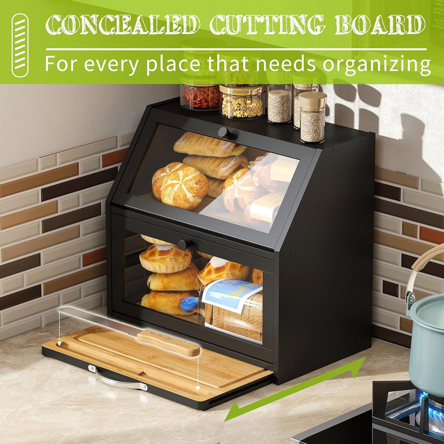 BMOSU Bread Box with Cutting Board Kitchen Bread Storage Organizer Farmhouse Countertop Double Bamboo Wood Bread