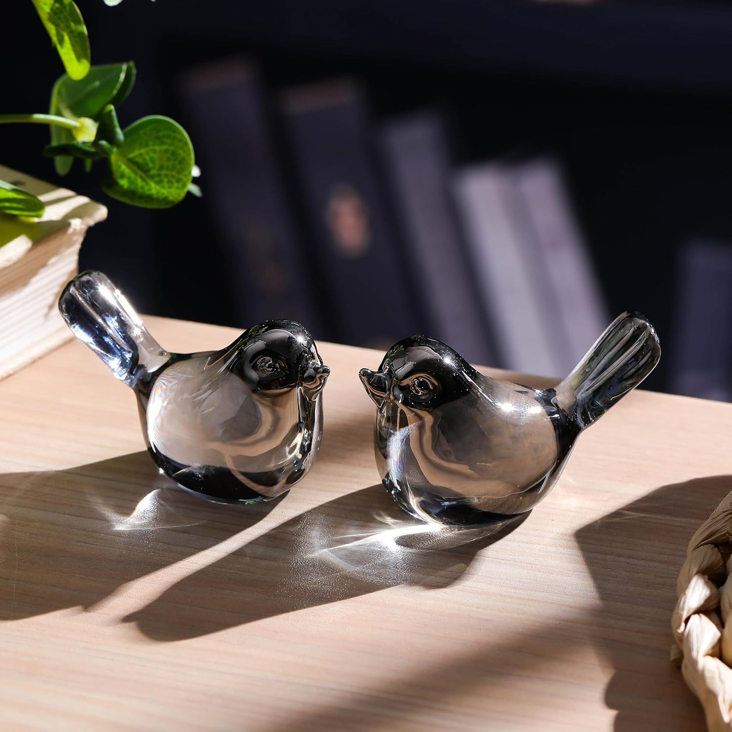 Handmade Blown Glass Birds Animals Figurines Crystal Office Desk Table / Grey / Set of 2