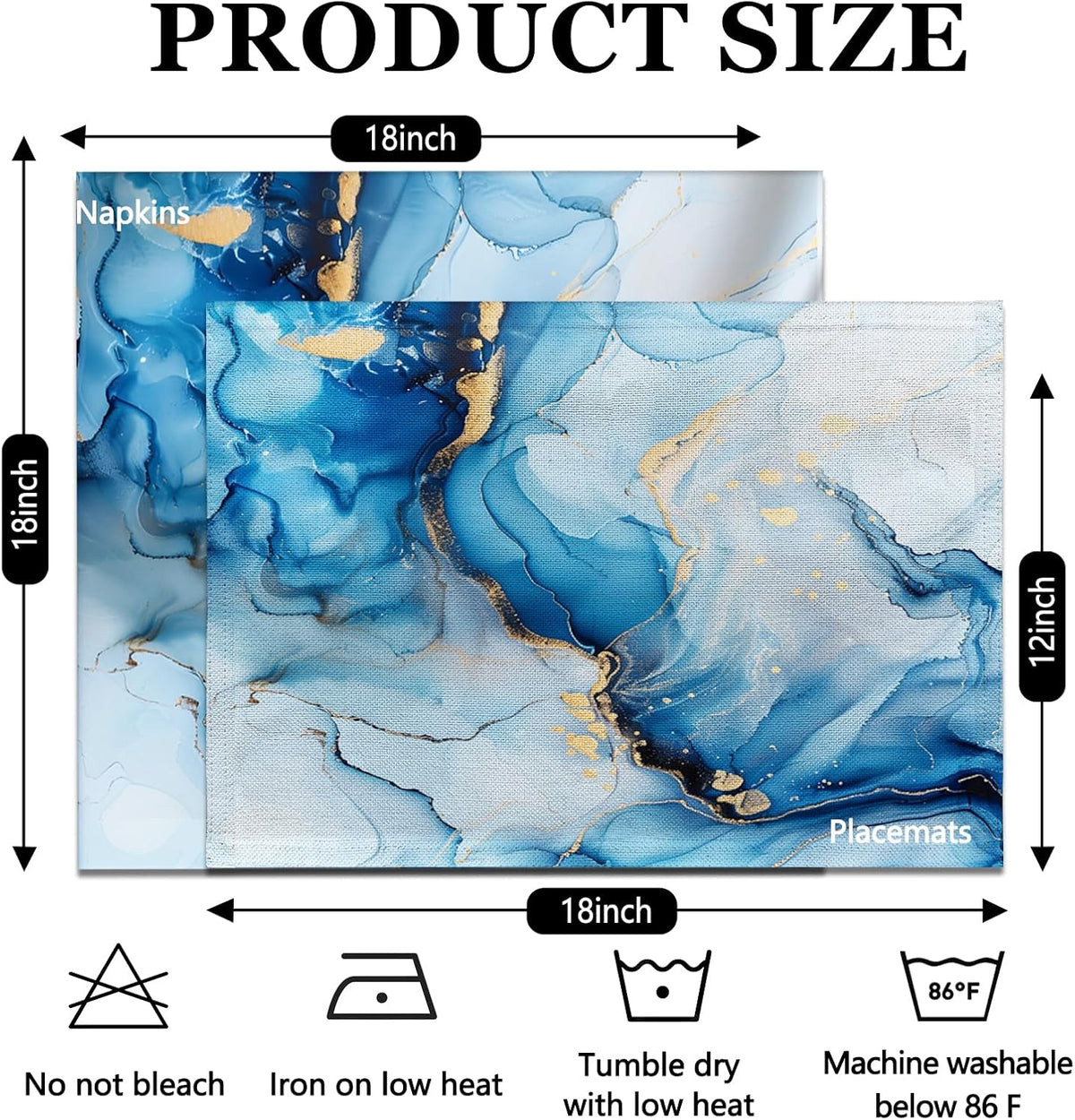 Mcalk 4 Each Blue Marble Placemats and Cloth Napkins Set of 8, Modern Art Placemat, Marble Print Cloth Napkin for Home