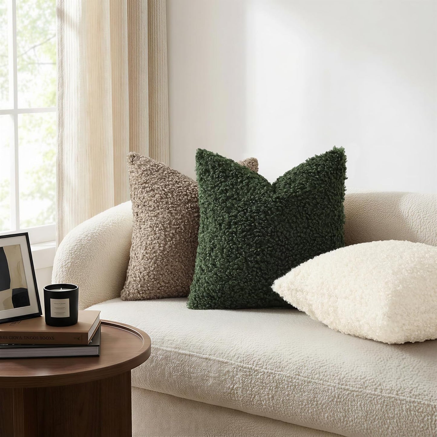 Faux Fur Decorative Sherpa Pillow Covers Fuzzy Accent Soft / Olive Green / 20 x 20 / Set of 2