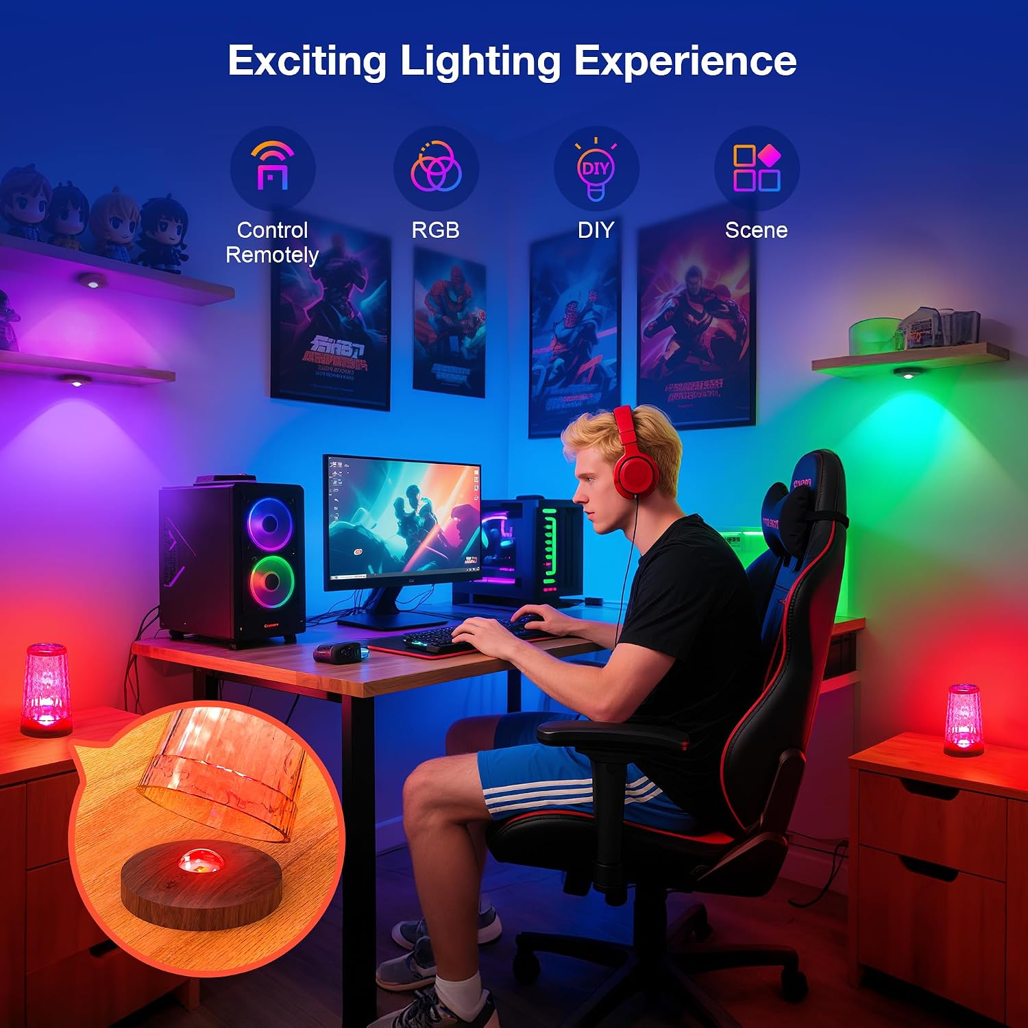 UNUSROOM Rechargeable RGB Puck Lights with Remote Control, Wireless Under Cabinet Lighting,13 Color Changing Lights