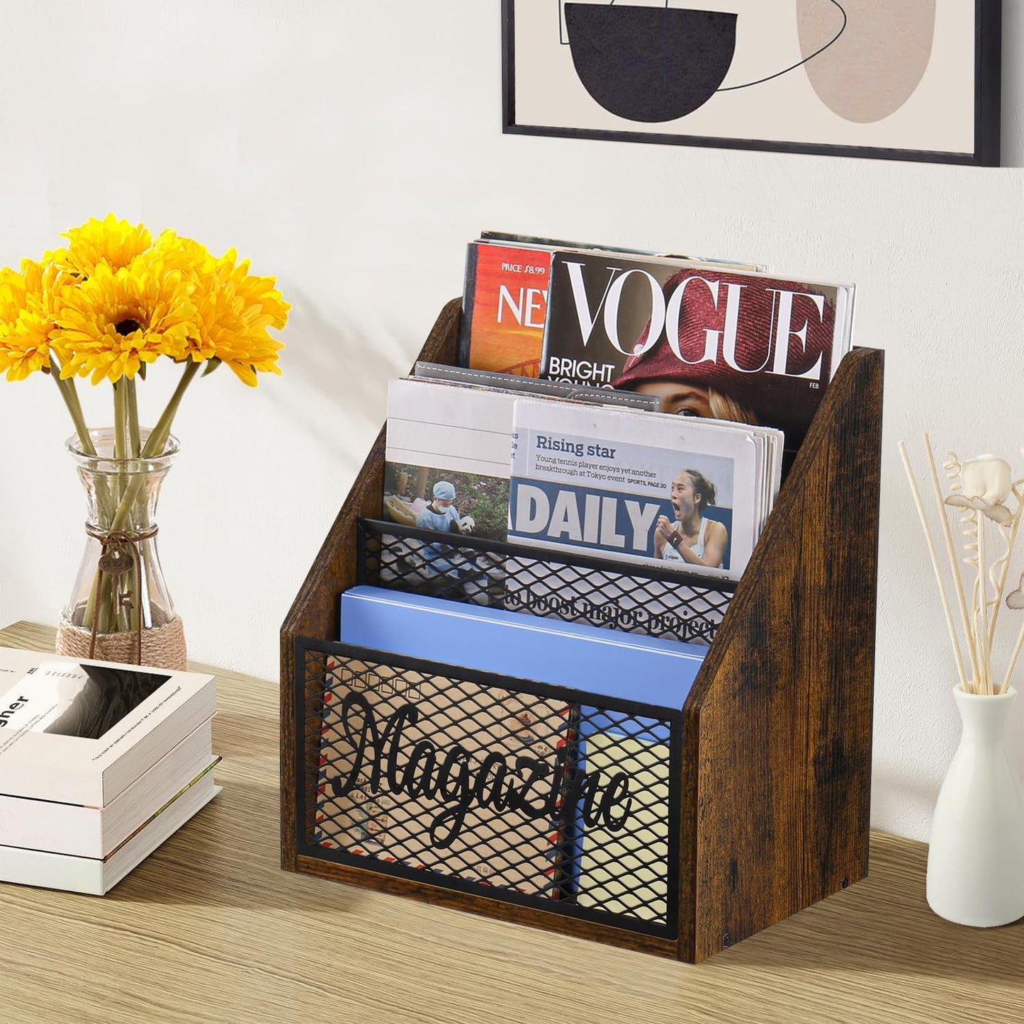 YINMIT 3 Tier Magazine Rack, Stepped Magazine Holder Floor for Home Storage | 3 Tier Stepped Design, Wood and Metal