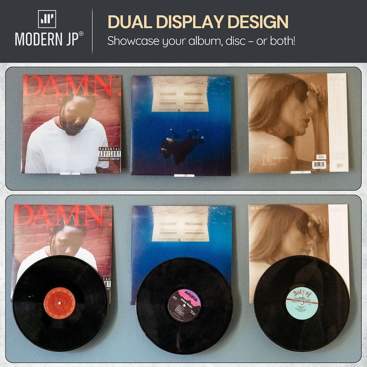 Adhesive Vinyl Wall Mount (16-Pack) – Dual Display Album and Disc, Strong Hold Record Holder Wall, Record-Safe Easy