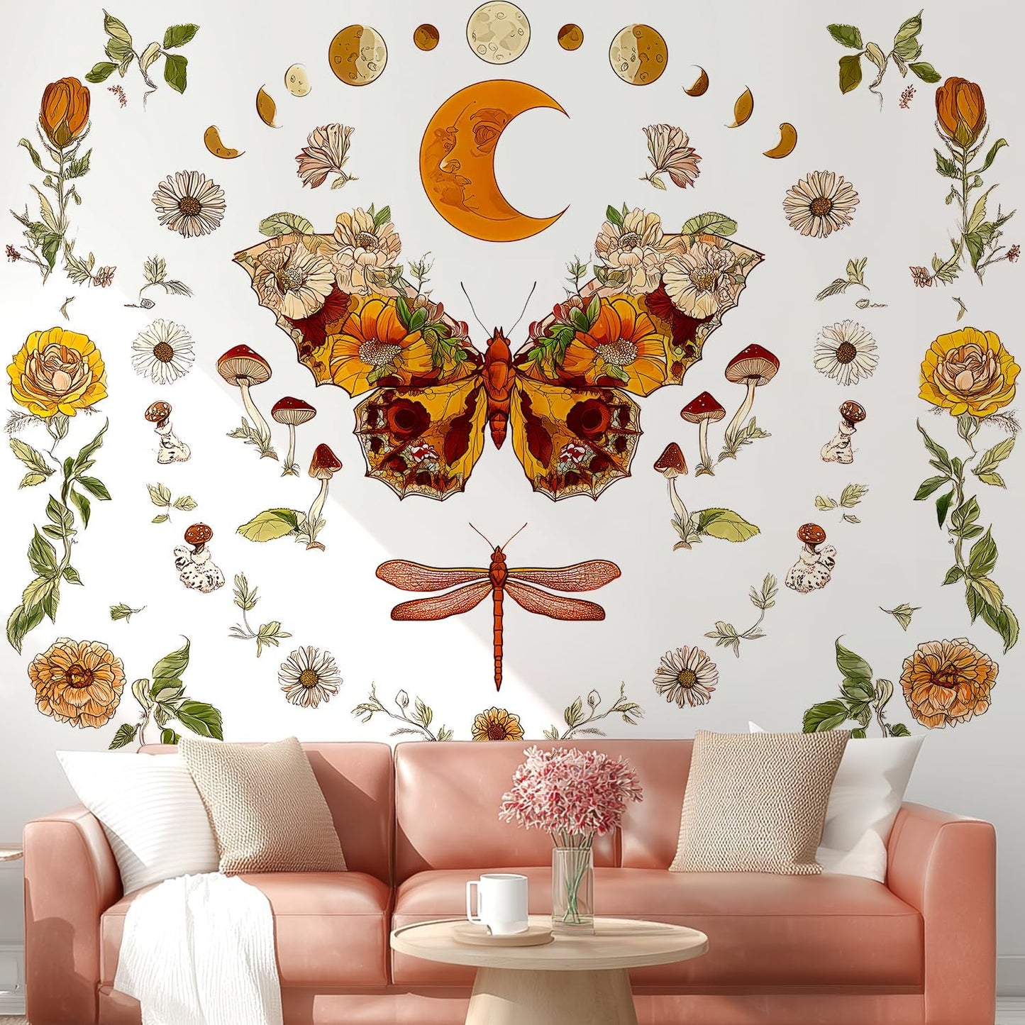 Boho Flowers Butterfly Wall Decals Peel and Stick / Brown, Orange, Green, Beige, Multicolor