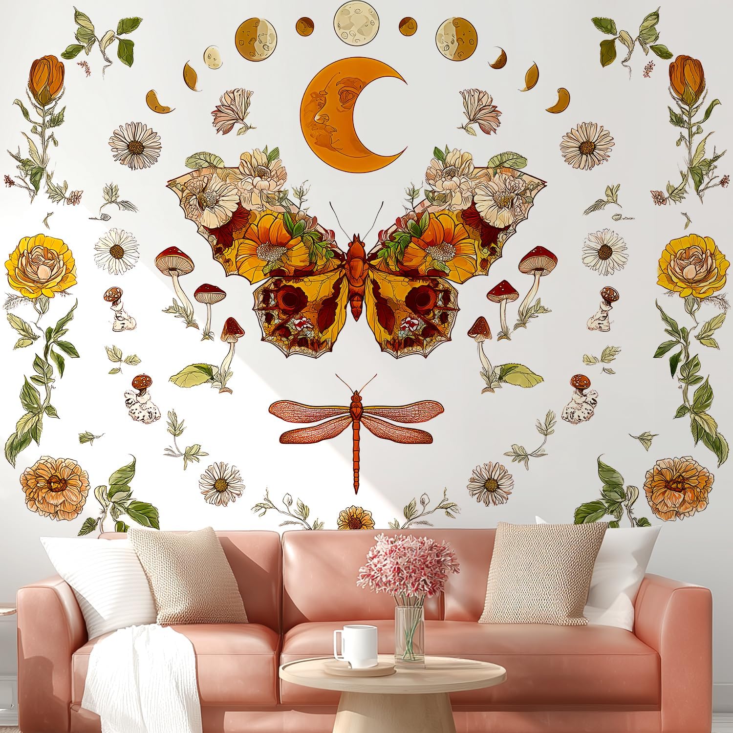 Boho Flowers Butterfly Wall Decals Peel and Stick / Brown, Orange, Green, Beige, Multicolor