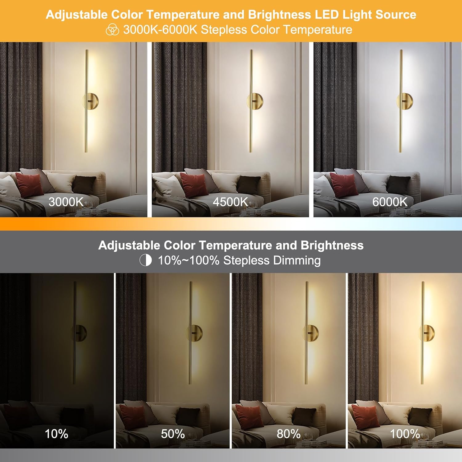 Wireless Battery Operated Wall Sconces with Remote, Gold Rechargeable Led Wall Lights Set of Two, Cordless Dimmable